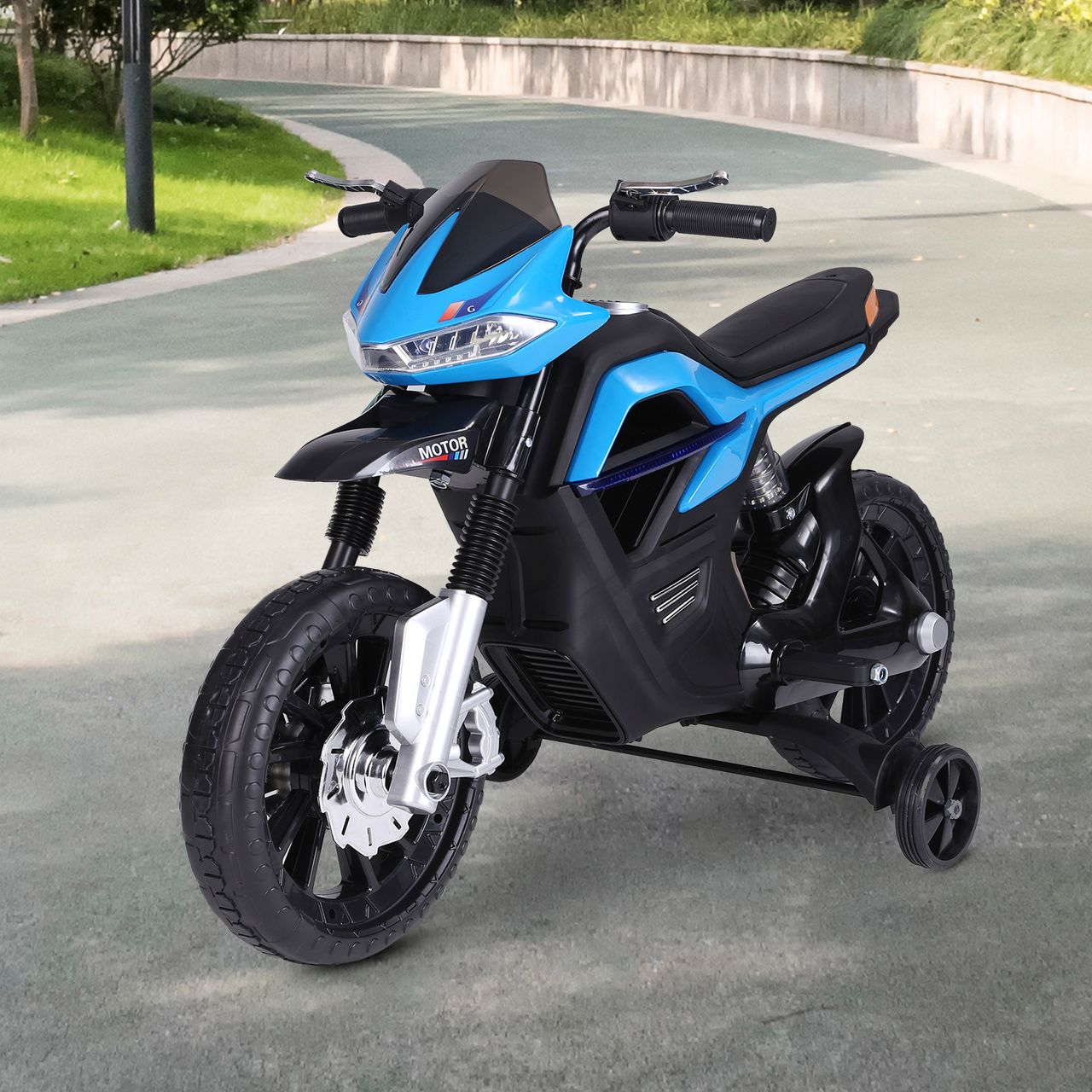 HOMCOM Kindermotorrad Kinder-Elektromotorrad Elektro-Motorrad für Kinder 3-6 Jahren Licht Musik MP3 Elektrofahrzeug mit Stützrädern maximal 3 km/h Metall   Kunststoff Blau 105 x 52,3 x 62,3 cm