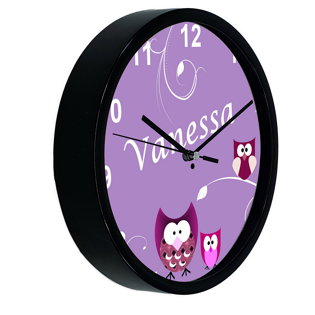 Kinder Wanduhr personalisiert mit Name Eule Lila