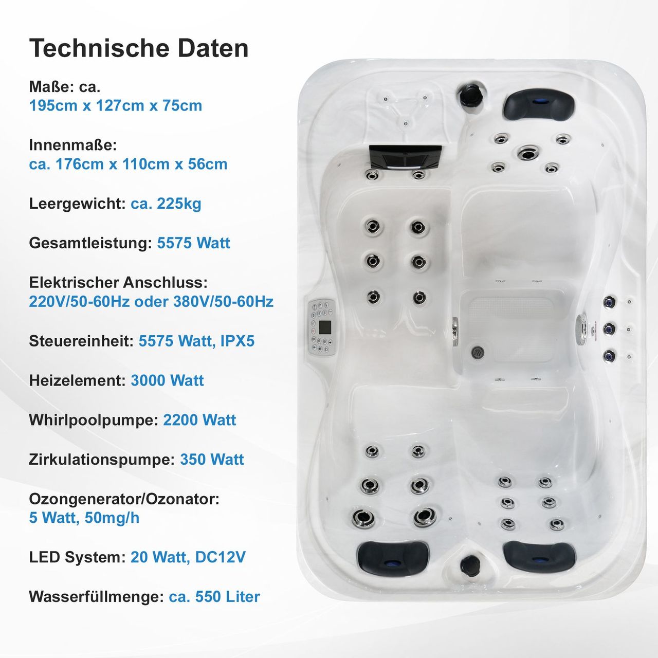 TroniTechnik Outdoor Whirlpool Spa TINO Weiß Silber Marmoriert 195cm x 127cm mit Heizung, Hydromassage, zwei Pumpen