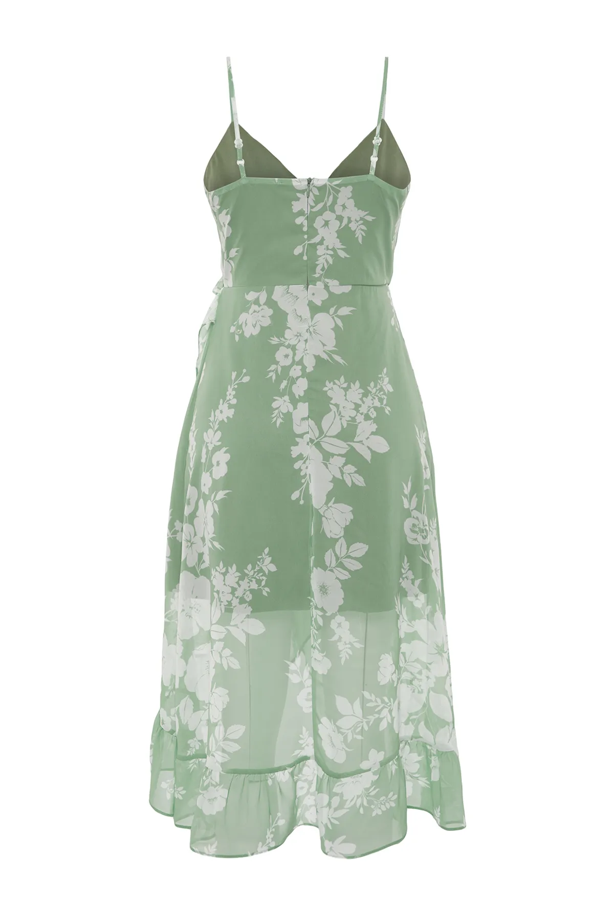 Trendyol Collection  Grünes, zweireihiges, gerüschtes, detailliertes Träger-Midikleid mit Chiffon-Futter und Webstoff TWOSS19EL0375