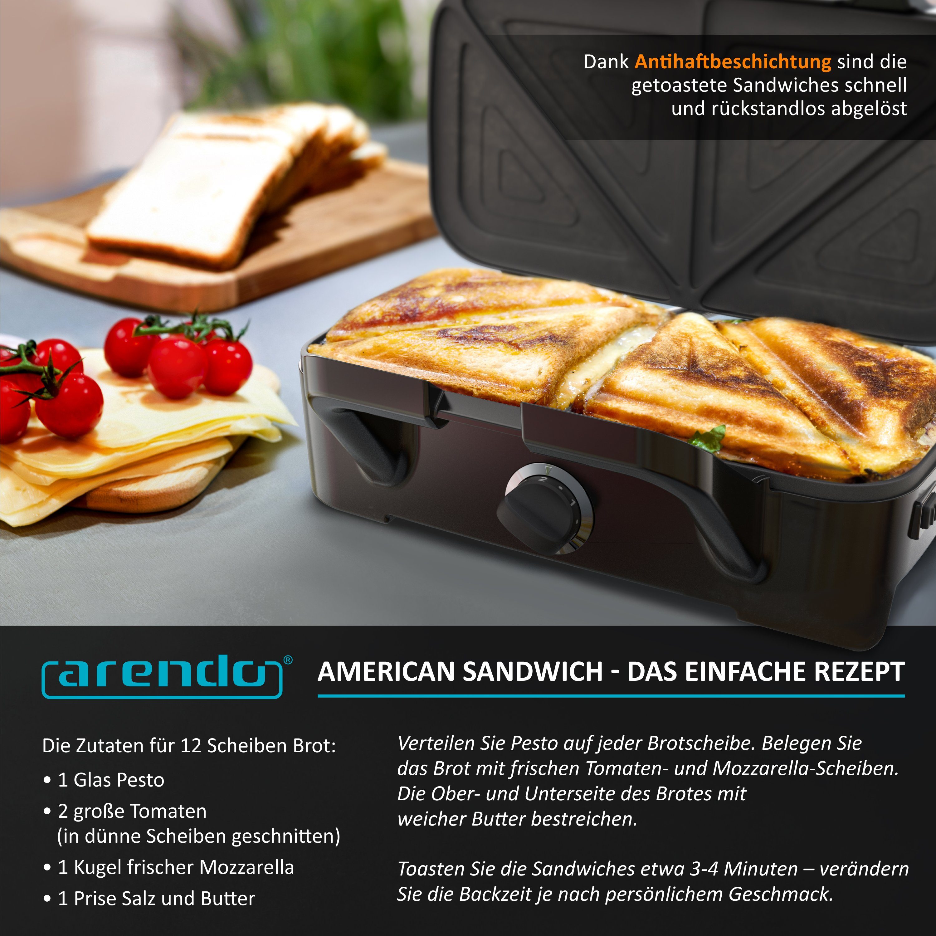 Arendo Sandwichmaker, 1200 W, abnehmbare Platten, Sandwich Maker, Sandwichtoaster für große Toasts