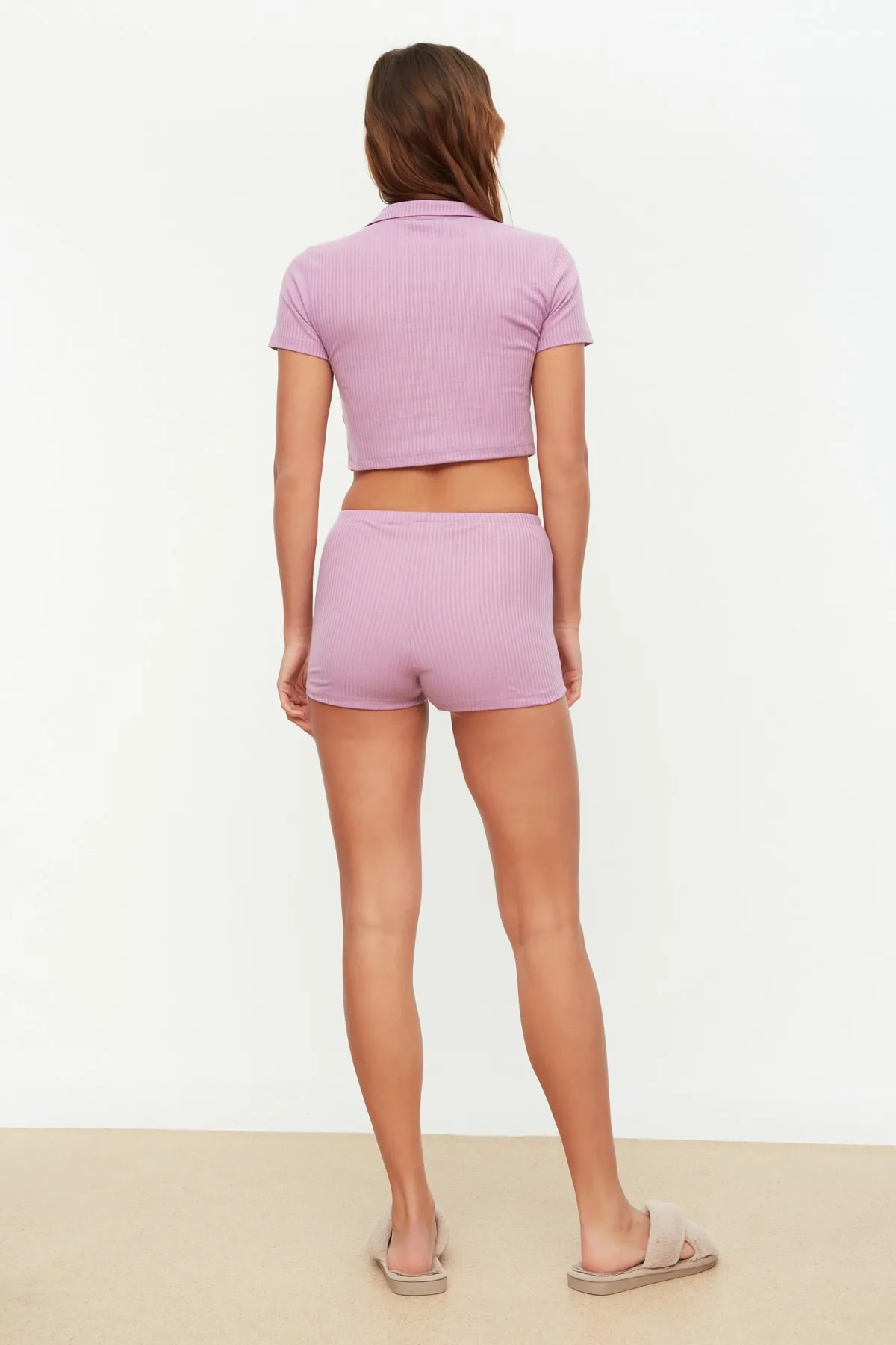 Trendyol Collection  Lila Corded Crop T-Shirt-Shorts Strick-Pyjama-Set THMSS22PT0308