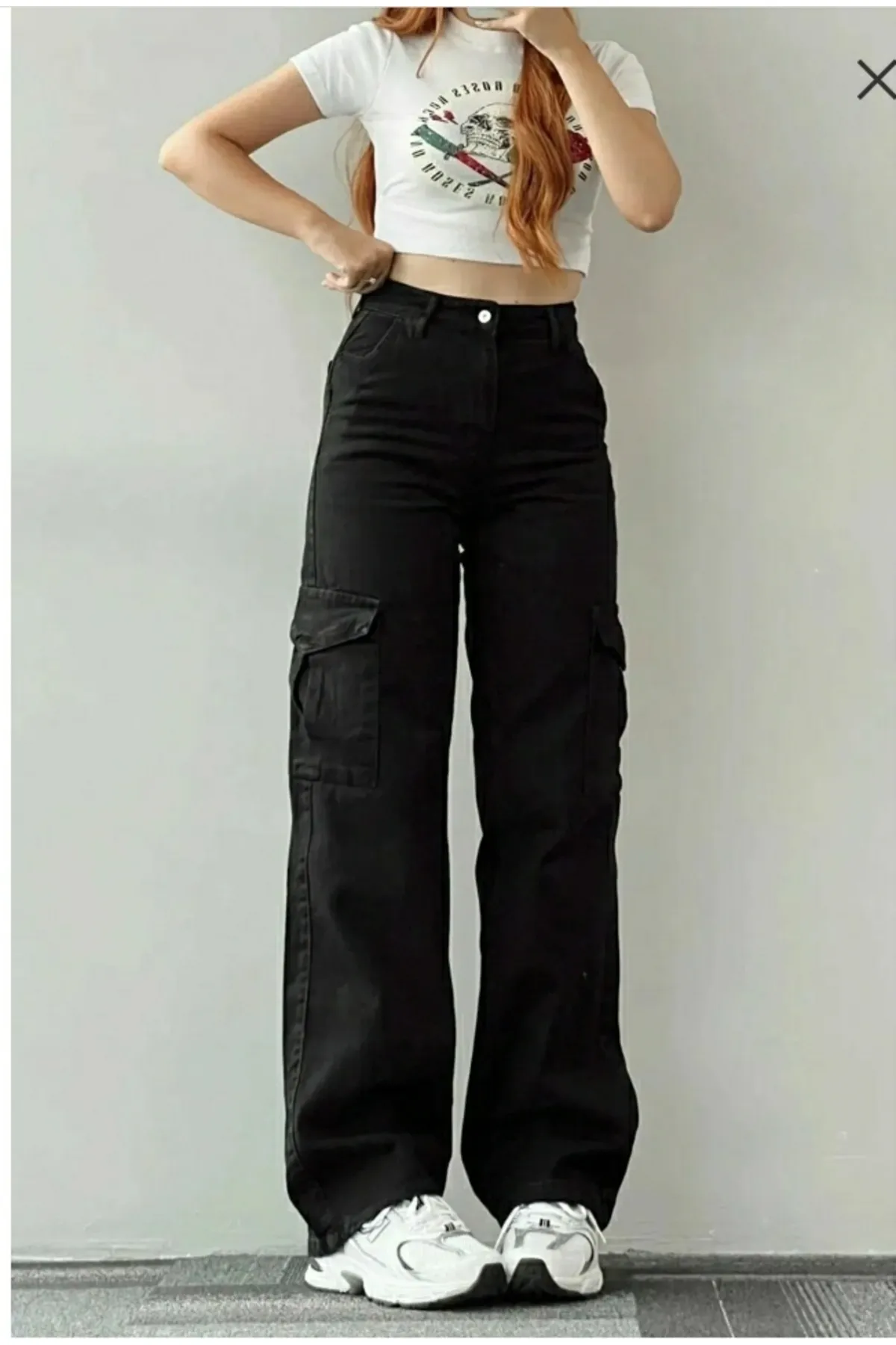 Trn JNS  Dora Damen-Palazzo-Jeans mit extra hoher Taille und Cargotasche in Schwarz ohne Gesäßtasche