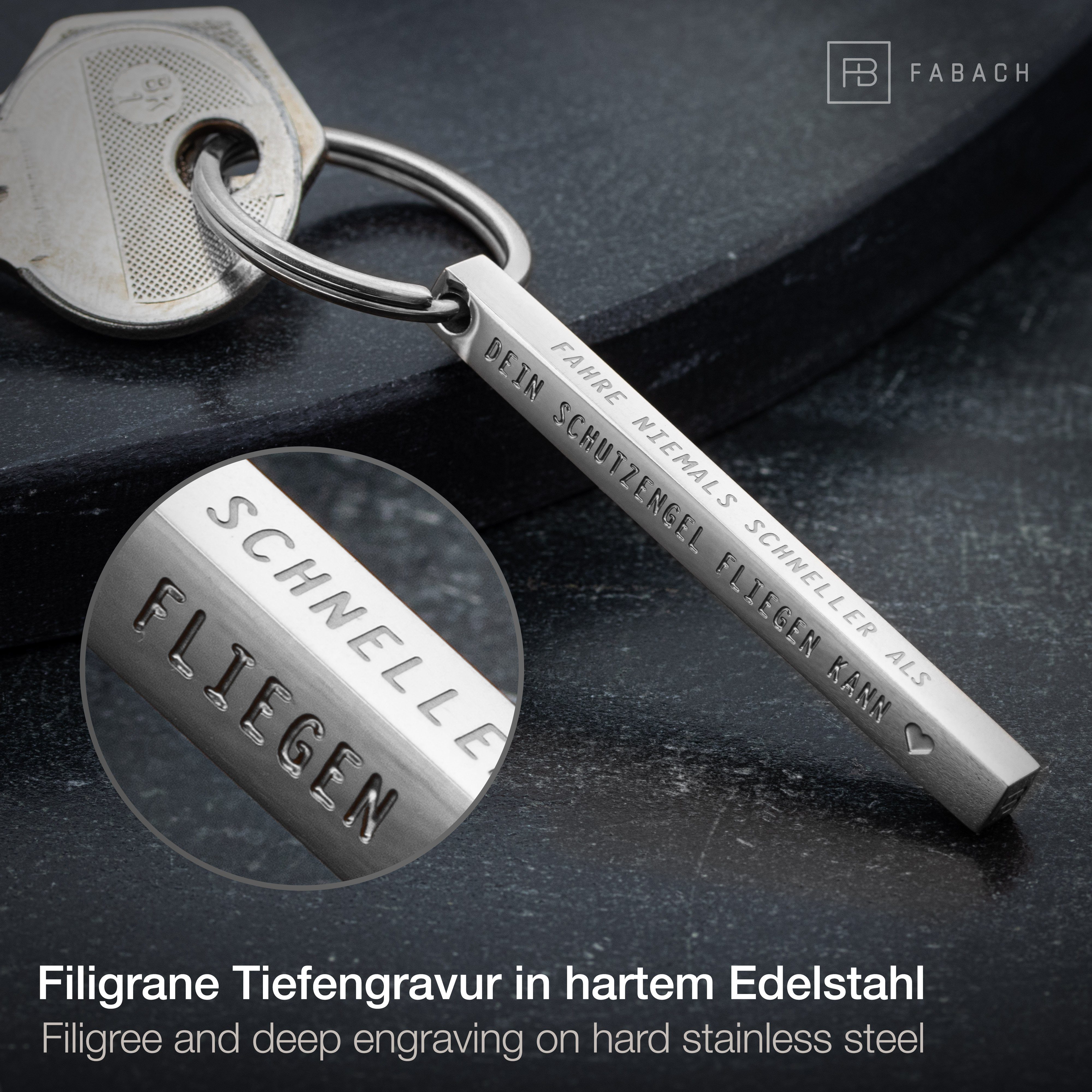 FABACH Schlüsselanhänger Cuboid aus Edelstahl - Fahre nie schneller als deine Schutzengel