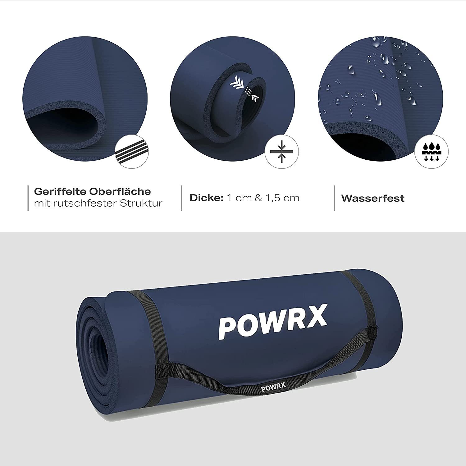 POWRX Yogamatte Gymnastikmatte Yogamatte (Navy, 190x60cm) + Tragegurt + Tasche., Navy 190 X 60 X 1 Cm