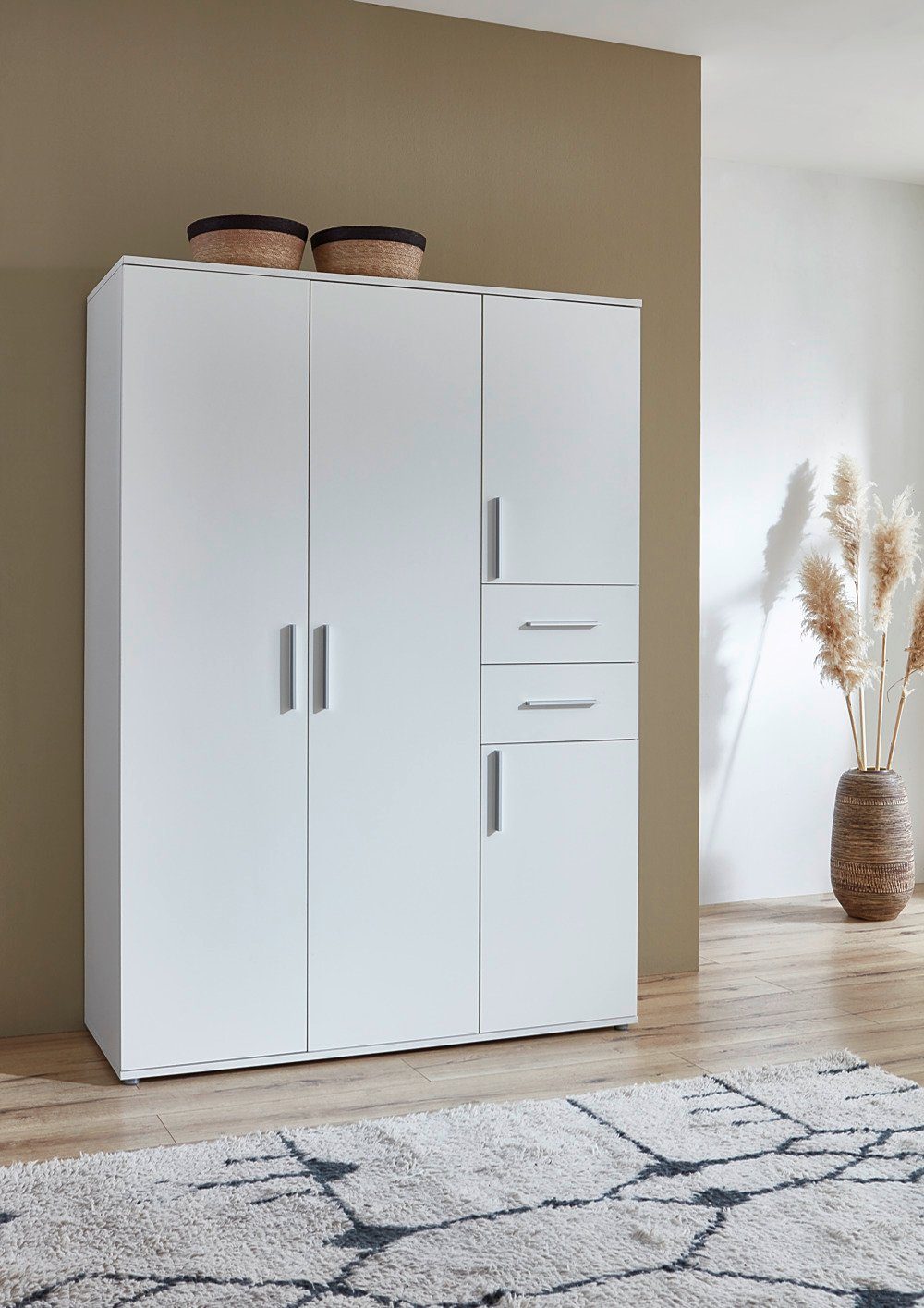 moebel-dich-auf Babyzimmer-Komplettset ALIYA 6, (in weiß, Babybett + Wickelkommode + Unterbauregal-Set + Kleiderschrank 4-türig), optional mit Matratze, Umbauseiten-Set oder Textil-Set