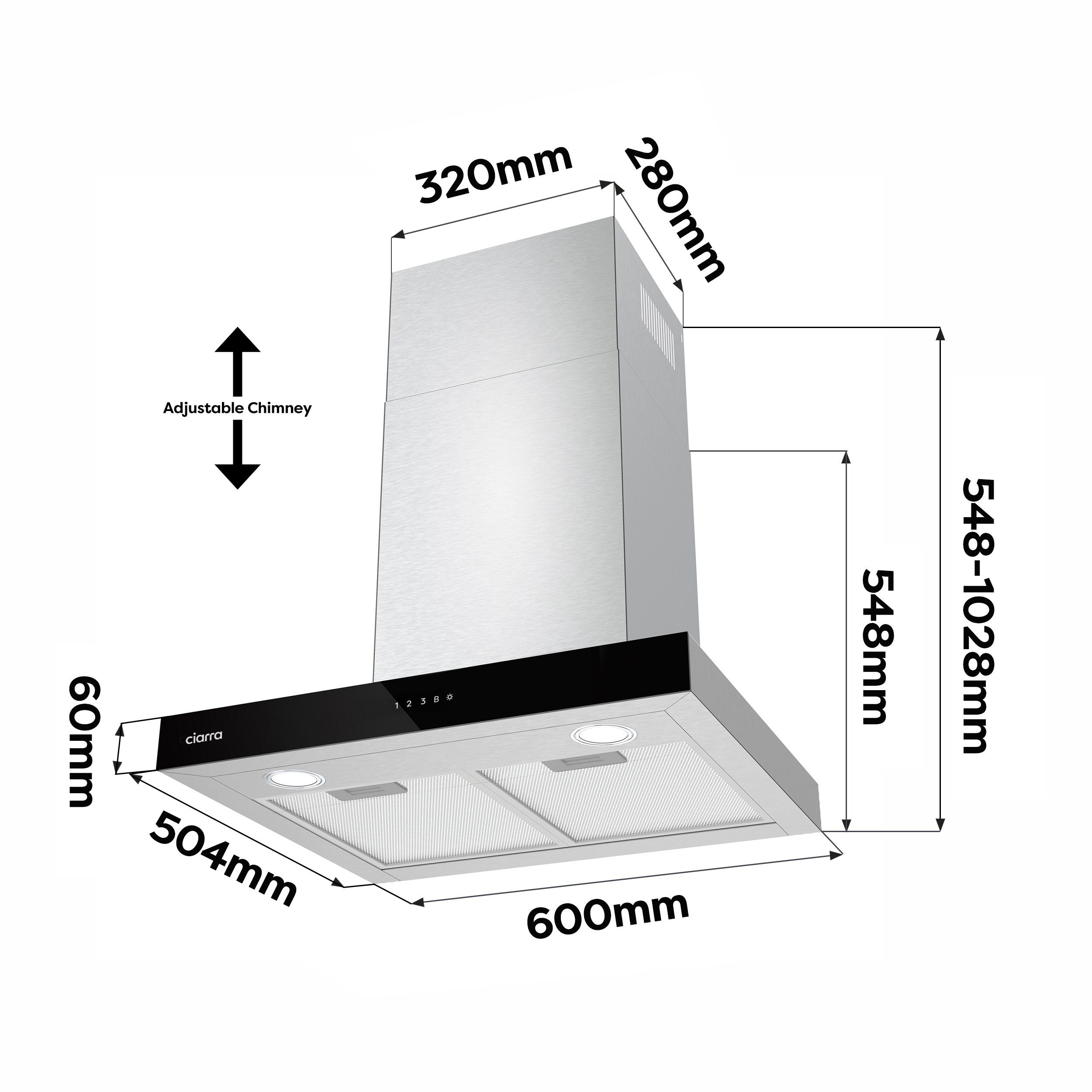 CIARRA Wandhaube CBCS6102, A+++ Dunstabzugshaube 60cm 650m³/h WIFI +APP & Touch Control Boost