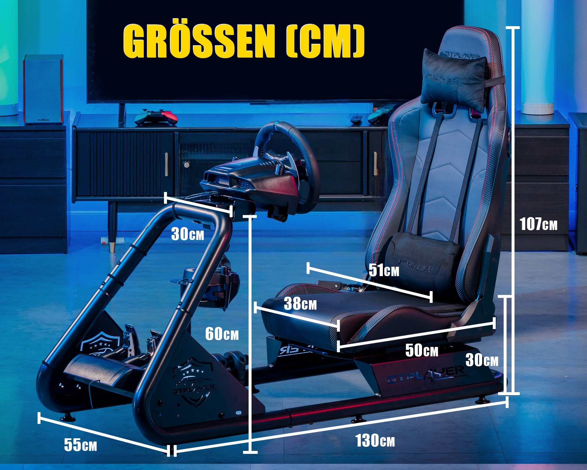 GTPLAYER Gaming-Stuhl Gamer Stuhl Simulator Cockpit, sim racing cockpit racing wheel stand, mit Bluetooth-Lautsprecher und allem auf den Bildern gezeigten Zubehör