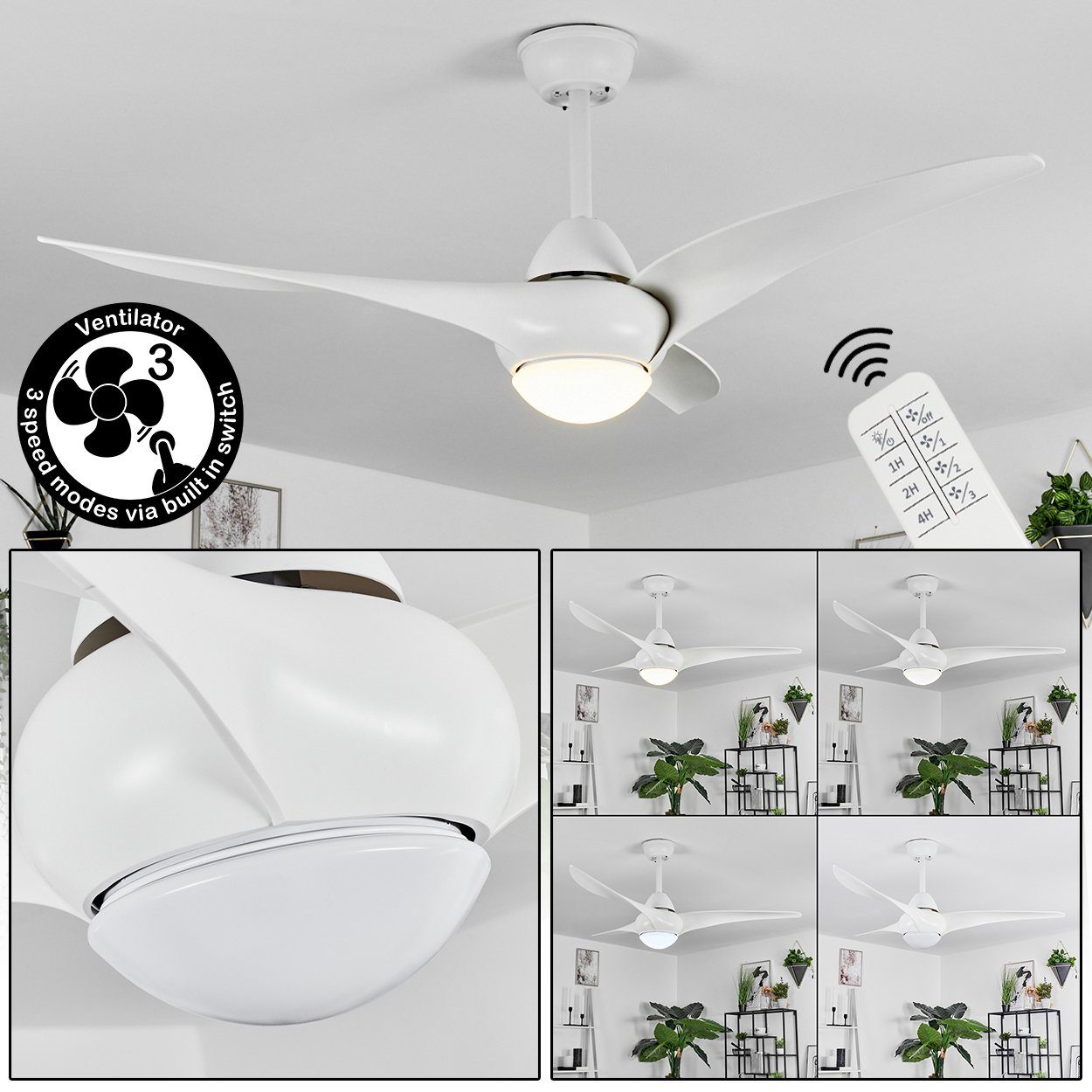 hofstein Tischturmventilator Deckenventilator aus Kunststoff in Weiß, 1 x LED 20 Watt (inkl)