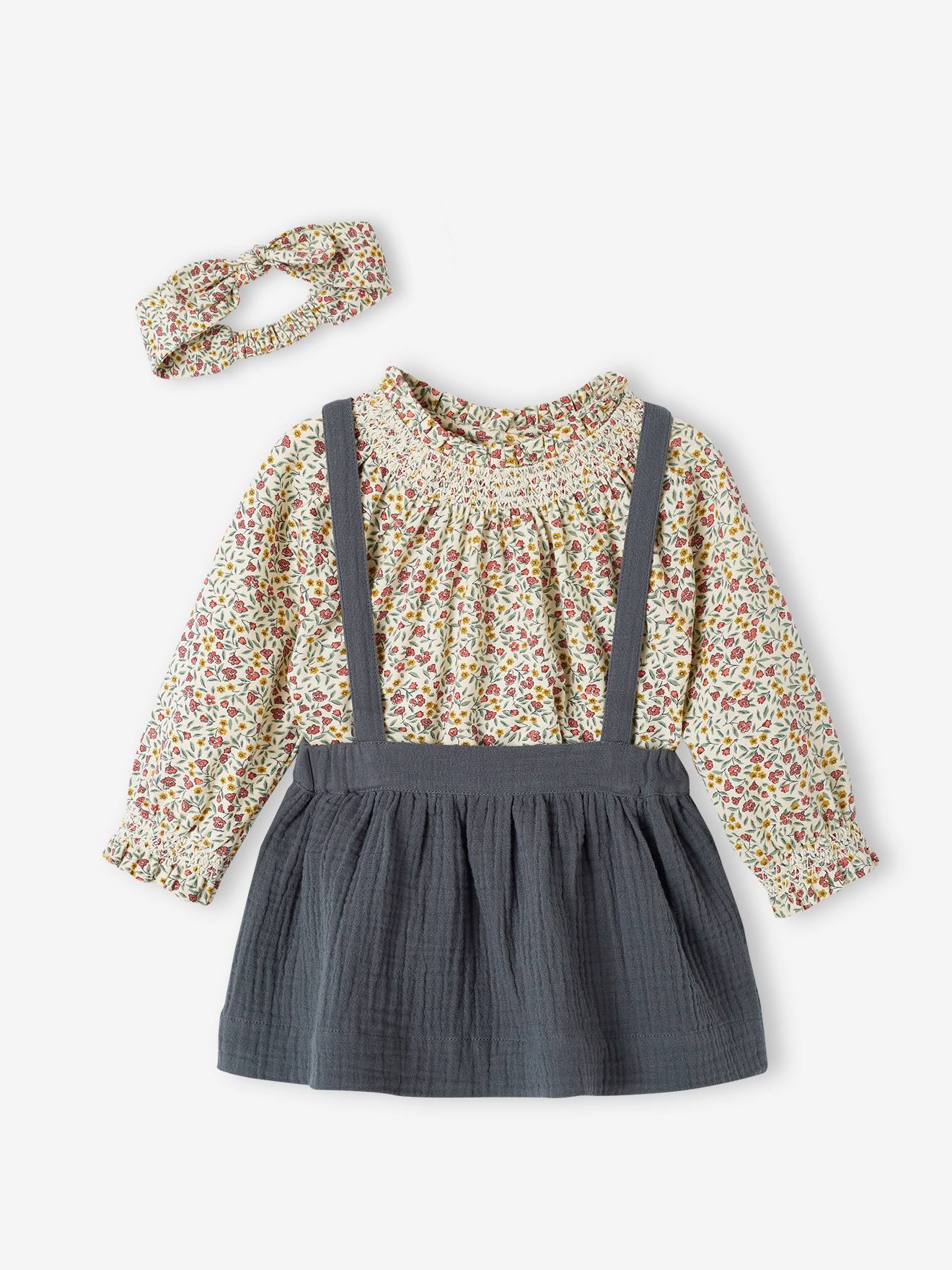 Ensemble 3 pièces : T-shirt + bandeau + jupe à bretelles bébé naissance vert