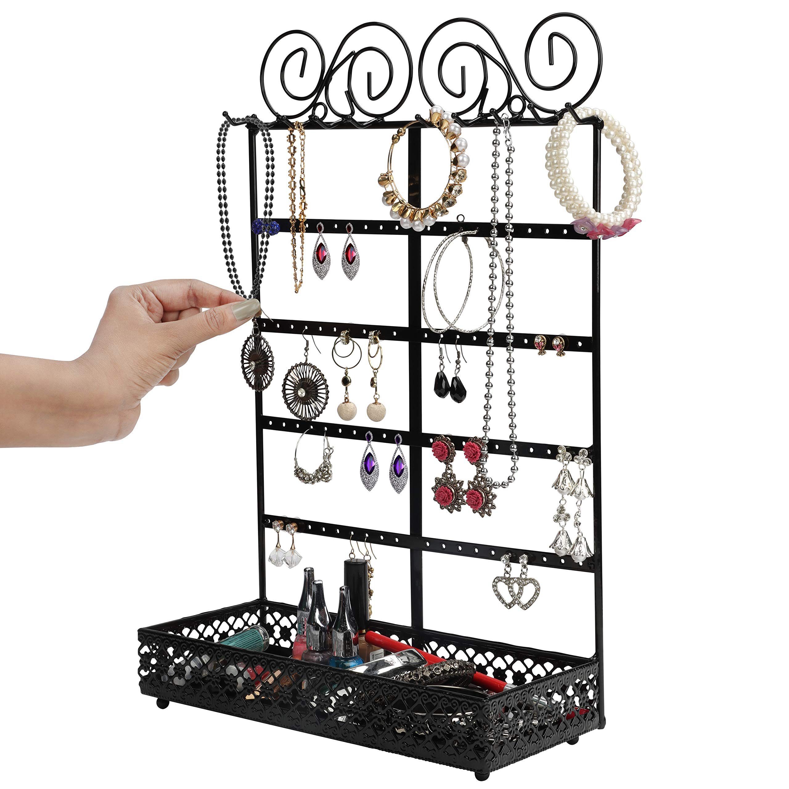 Belle Vous Schmuckständer Jewelry Stand with 80 Holes, 10 Hooks, 5 Rows, Schmuckständer mit Fachboden für 80 Löcher, 10 Haken und 5 Reihen