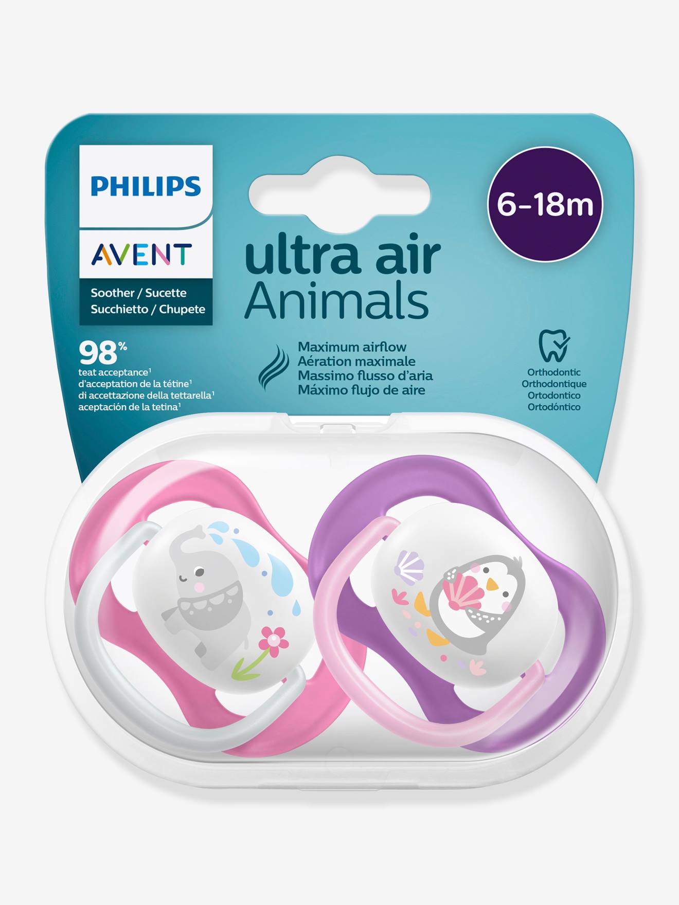 Lot de 2 sucettes Ultra air animals 2e âge Philips AVENT pingouin + éléphant