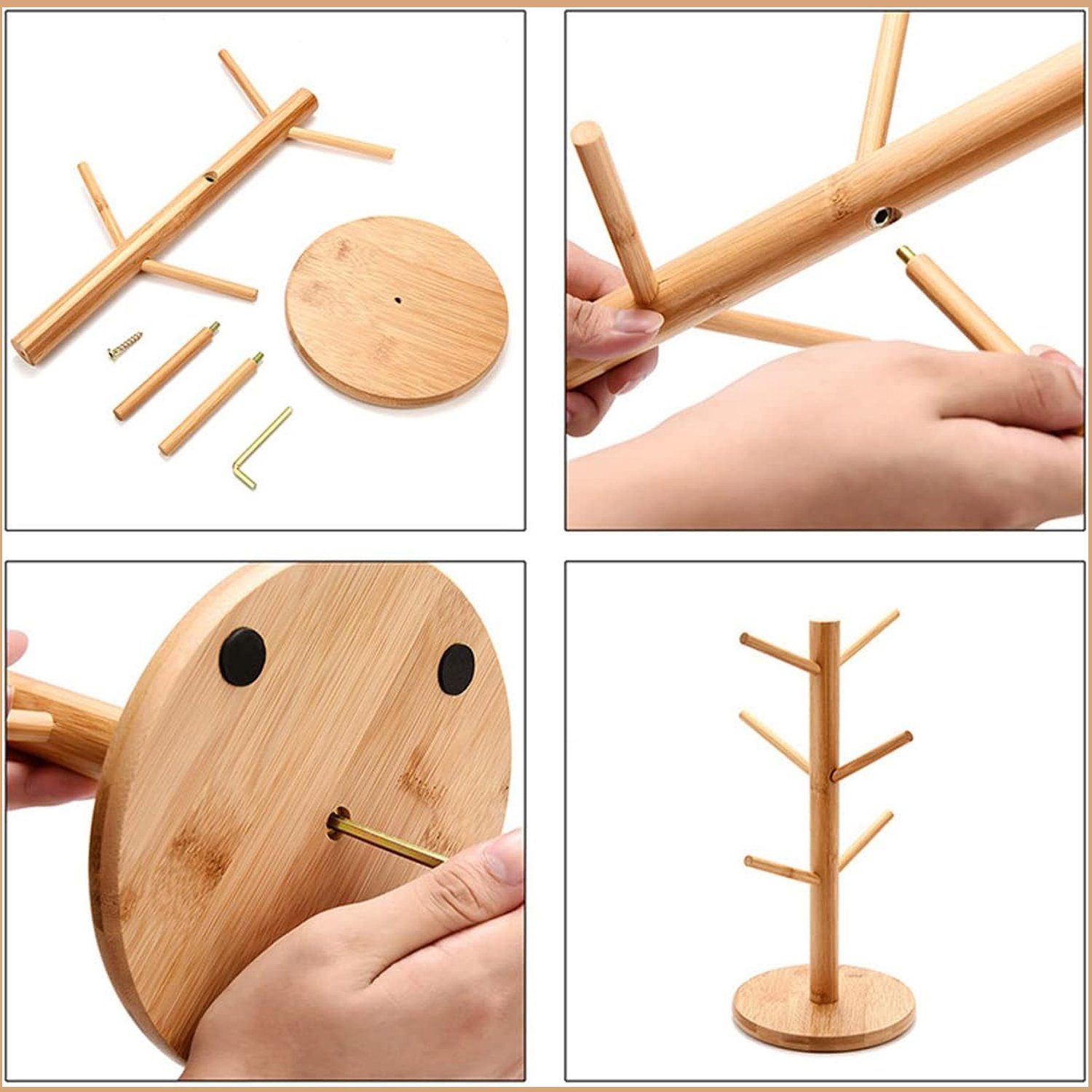 Bedee Gläserhalter Tassenhalter Becherhalter Bambus, Kaffee Tassenhalter mit 6 Haken (Baum Becher Halter Baum Kaffeebecher Gestell Getränkehalter, 1 St., Brezelständer aus Bambus), Rack Regal für Küche Zähler und Display Besteck Lagerung und Trocknun