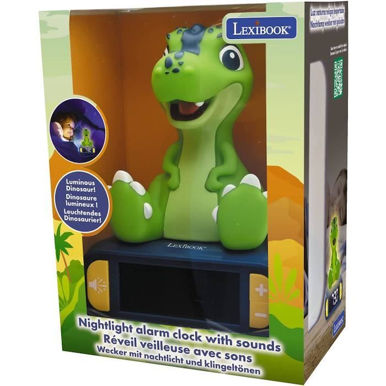 Réveil digital avec veilleuse lumineuse Dinosaure en 3D et effets sonores vert