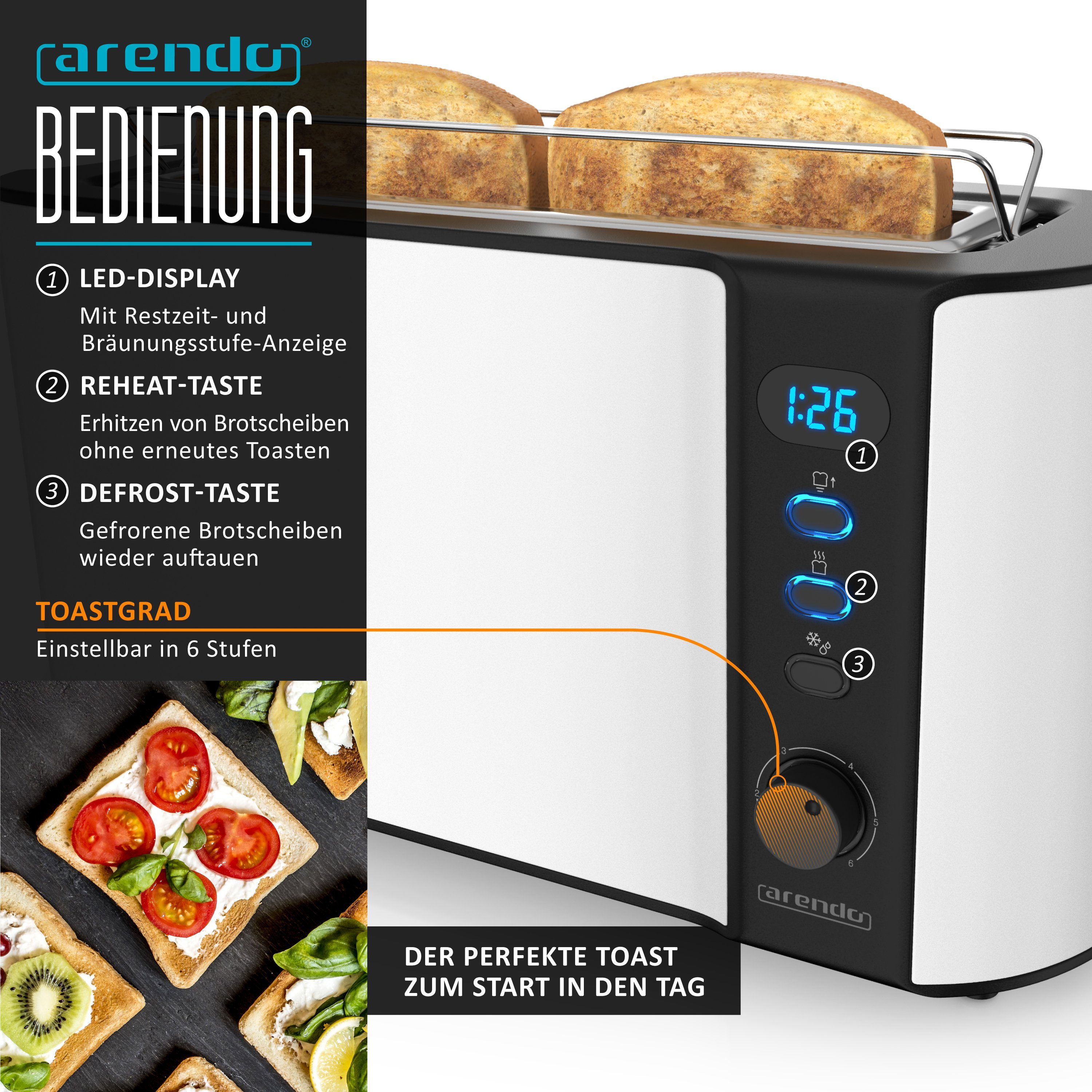 Arendo Frühstücks-Set (2-tlg), Wasserkocher 1,5l & 2-Scheiben Langschlitz Toaster, Edelstahl, Weiß