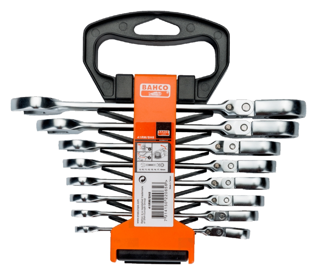 Sada ráčnových klíčů Bahco 41RM/SH8 s kloubovou hlavou (metrická) v plastovém držáku, 8dílná