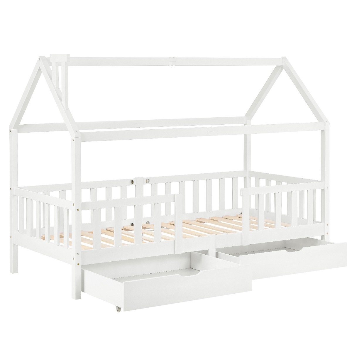 SIKAINI Holzbett L-DJ-28549091WAA, Kinderbett Hausbett mit Schornstein 90 x 200 cm ohne Matratze