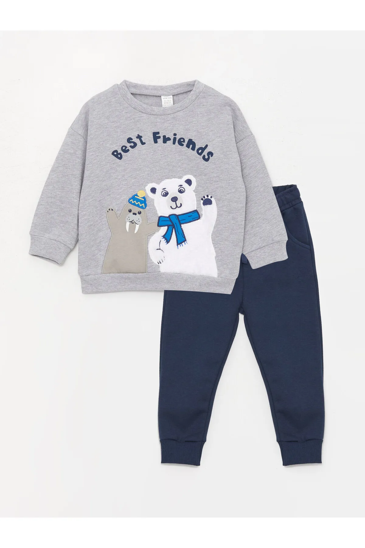 LC Waikiki  Langes, bedrucktes Baby-Sweatshirt und Hose mit Rundhalsausschnitt, 2-teiliges Set