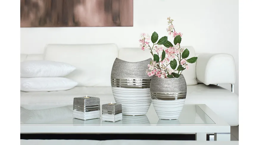 GILDE Keramik ovale Vase Lavena H=29,5cm silber, weiß