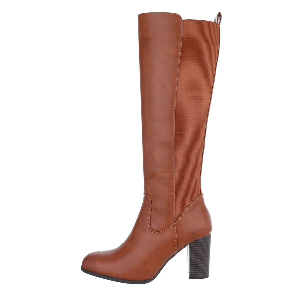 Ital-Design Damen Elegant High-Heel-Stiefel Blockabsatz High-Heel Stiefel in Camel