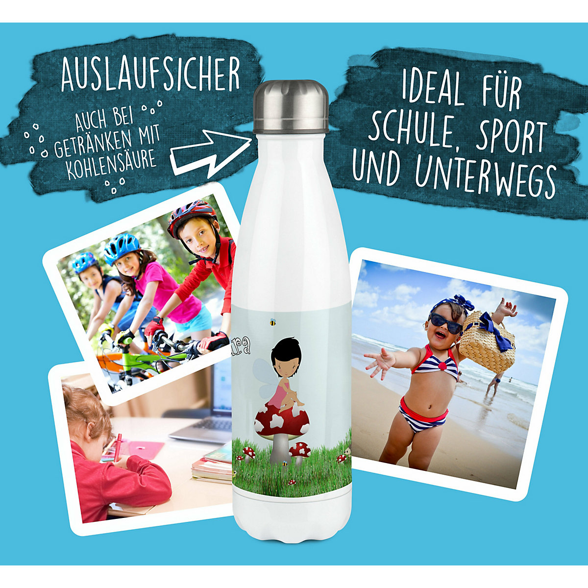 Edelstahl Kinder Thermoflasche / Trinkflasche bunt Waldfee Spülmaschinenfest, Auslaufsicher, Bruchfest, Doppelwandig, Für Heißgetränke geeignet, Mit Deckel, Isoliert