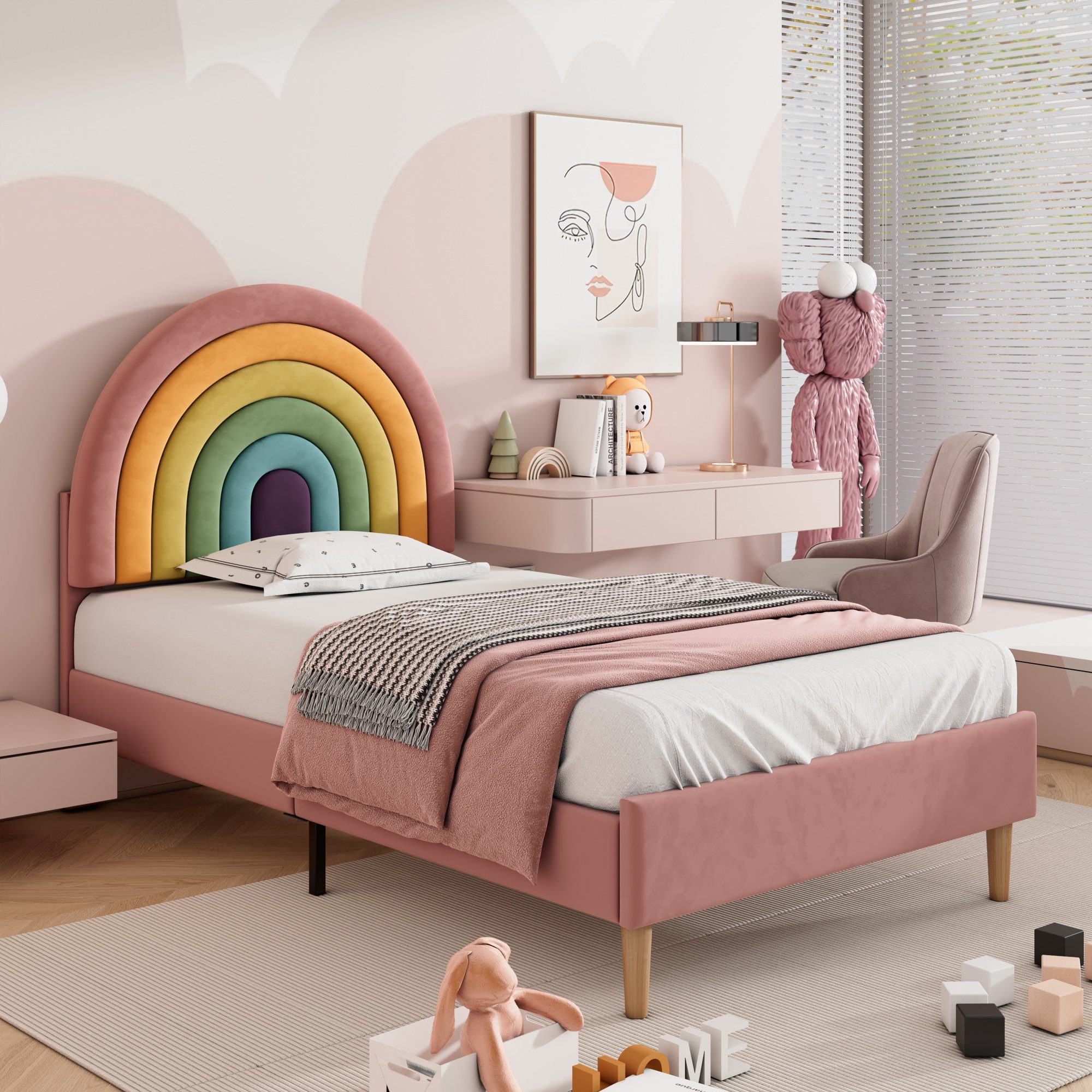 Flieks Polsterbett, Kinderbett mit verstellbarem Regenbogen-Kopfteil 90x200cm Samt