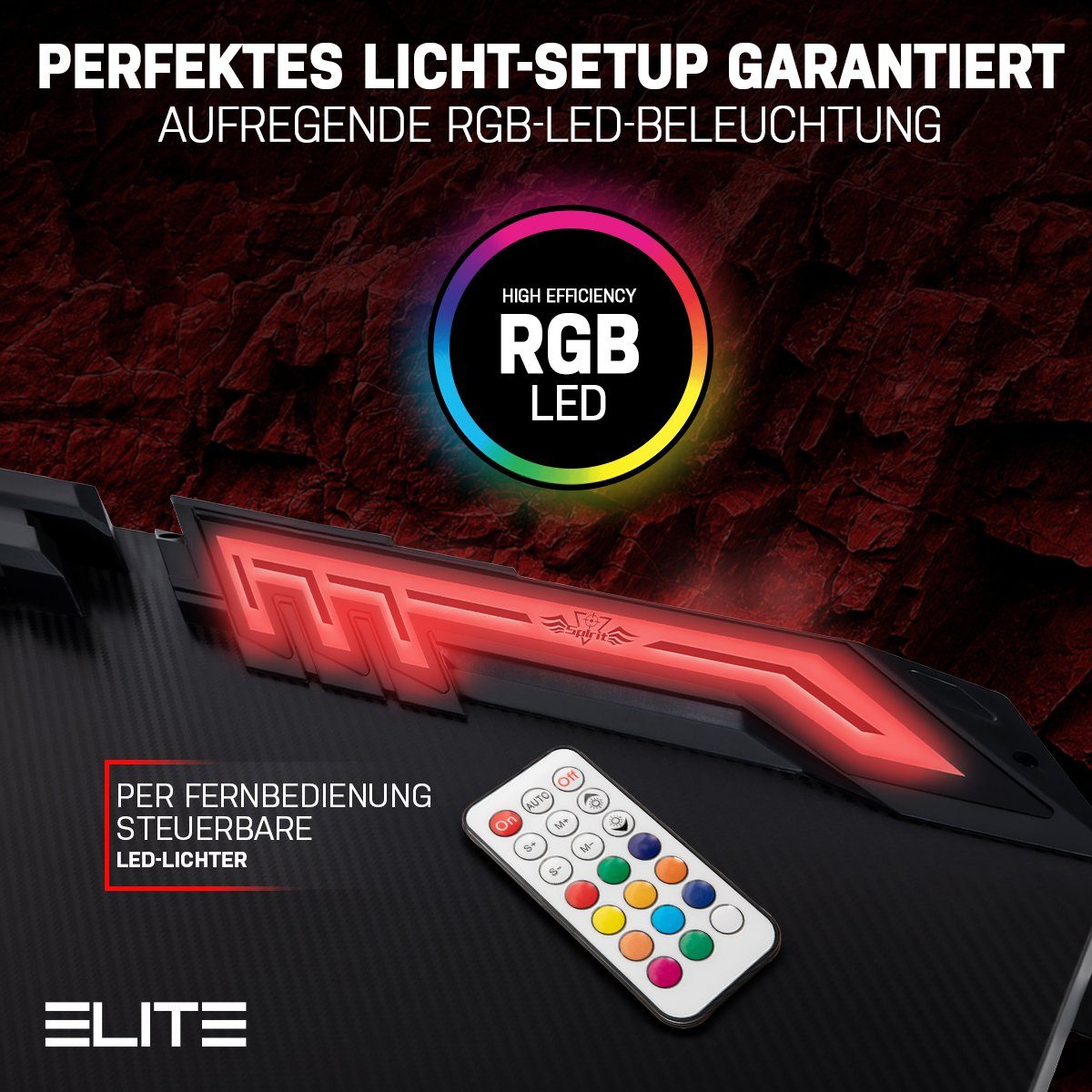 ELITE Gaming Gamingtisch Elite Gamer-Schreibtisch Rocksolid, RGB-LED (Jugendschreibtisch inkl. Getränke-, Headset- und Controller-Spiele-Halterung, 2-St., Schreibtisch, verstellbare Standfüße, Kabelkanal, ergonomisches Design), Gamingtisch inkl. Fern