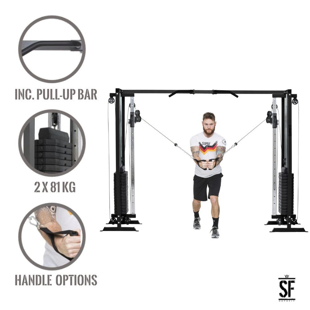 SF SUPRFIT Kraftstation Hallador Fitnessturm als Kabelzugstation Regular od. Basement Edition, inkl Gewichten bis 71kg, Regular 298x216cm, Basement Edition 298x200cm