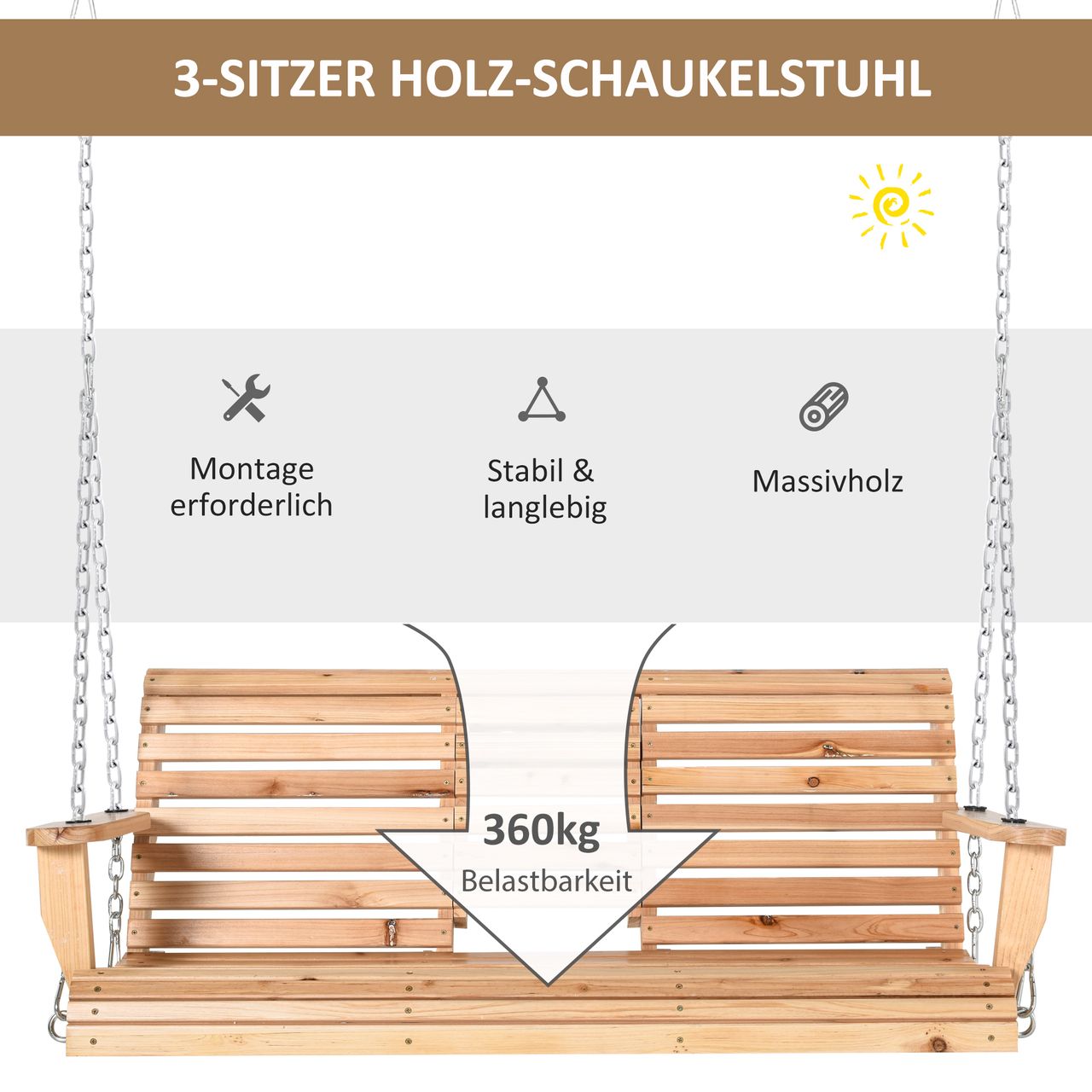 Outsunny Hängebank 2-3 Sitzer Tannenholz 150 x 75 x 53 cm Natur