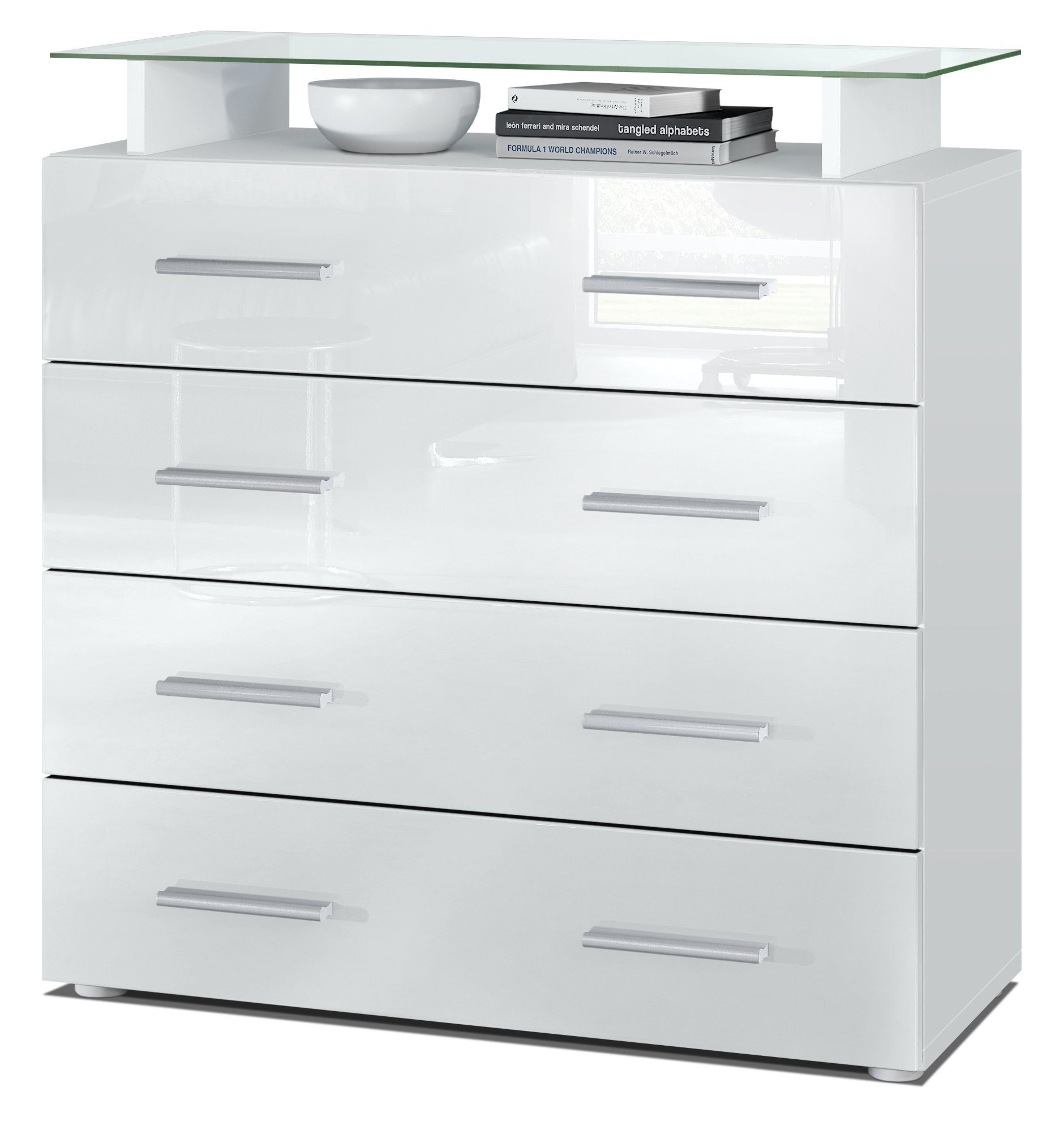 Vladon Kommode Pavos (Kommode, mit 4 Schubladen und Glasablage), Weiß matt/Weiß Hochglanz (76 x 81 x 35 cm)