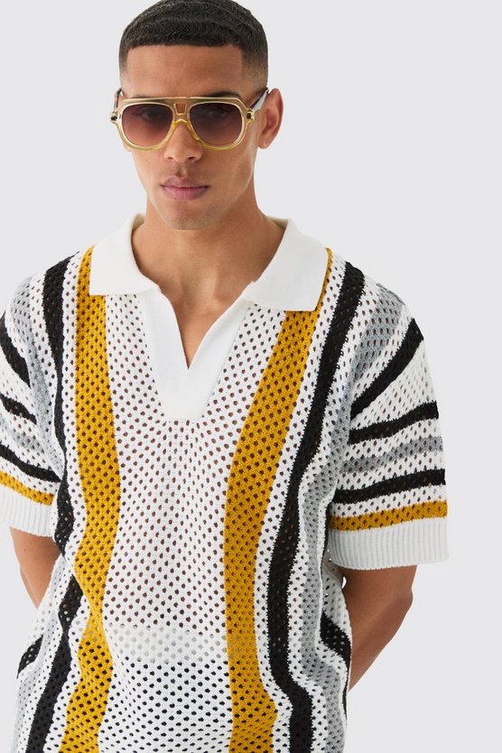 Oversized Boxy Open Stitch Stripe Polo In White