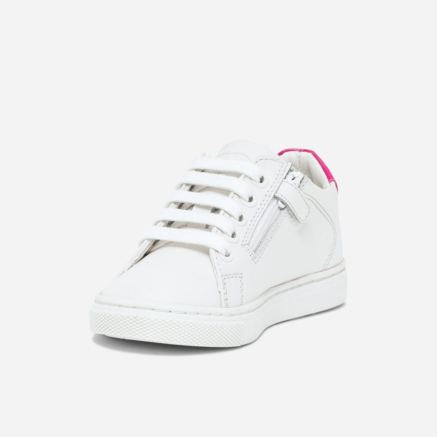 Tennis BUGGY blanche en cuir à contrefort rose fluo verni