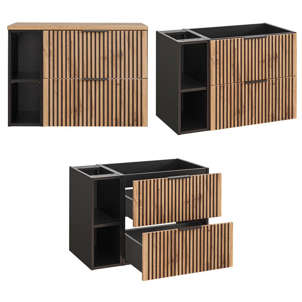 Lomadox Badmöbel-Set XANTEN-56, (6-St), anthrazit, Wotan Eiche Nb., schwarze Rillen, Aufsatzbecken, Spiegel
