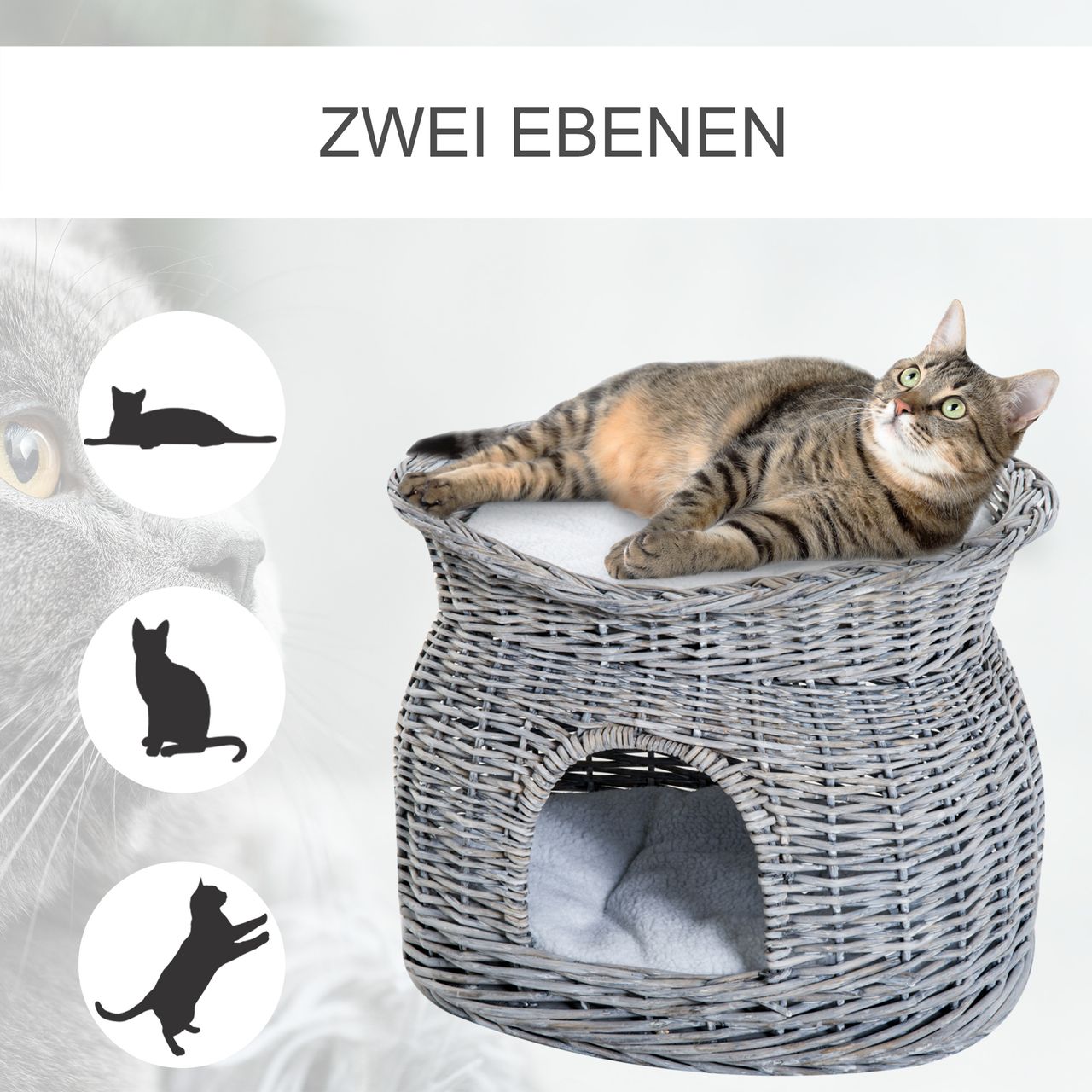 PawHut zweistöckiges Katzenhaus, Katzenbett Katzenhöhle, Katzenkorb mit 2 Kissen, Weidenkorb mit Liegedach, Grau, 56 x 37 x 40 cm
