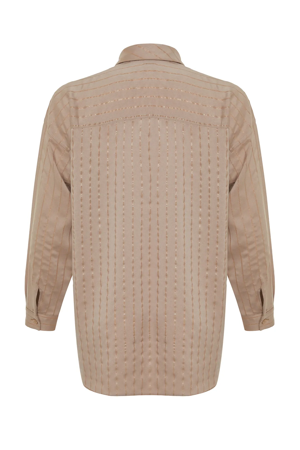 Trendyol Modest  Beige gestreiftes, gewebtes Hemd mit Glitzer TCTSS24TG00049