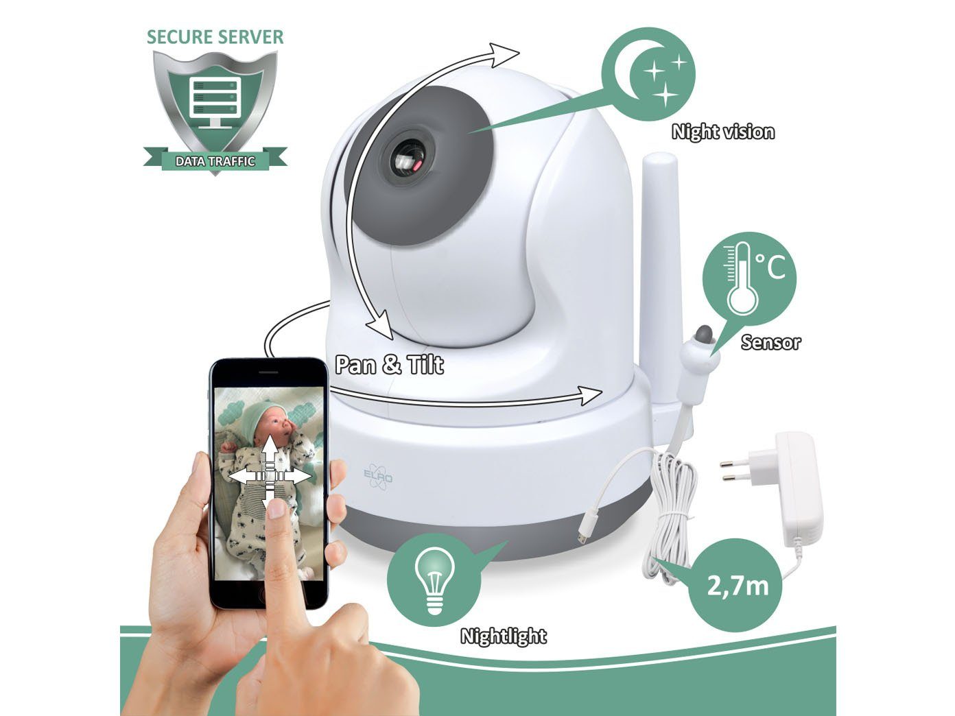 Elro Video-Babyphone, Nachtlichtfunktion & 3 Schlaflieder, Baby Cam mit Monitor, Kamera & Gegensprechfunktion übers Handy steuern