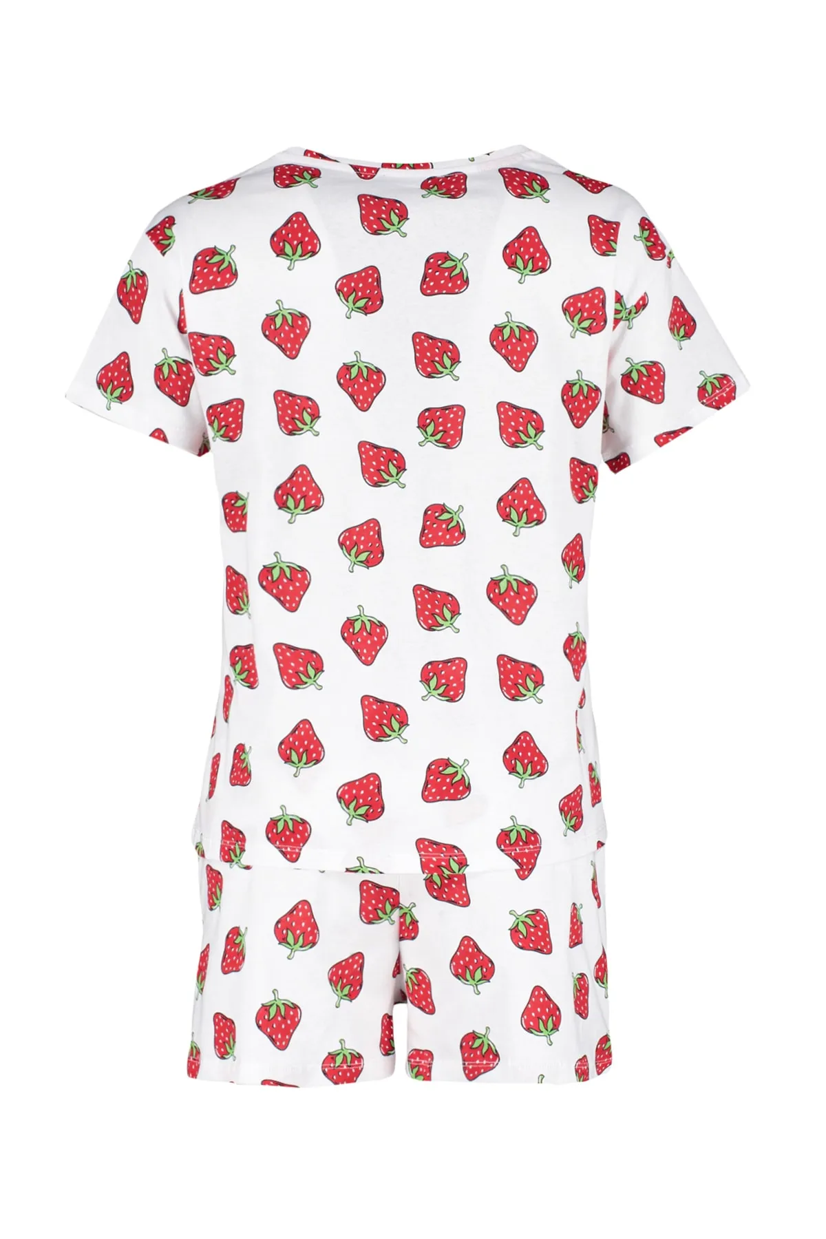 Trendyol Collection  Weißes gestricktes Pyjama-Set mit T-Shirt und Shorts aus 100 % Baumwolle mit Erdbeermuster THMSS23PT00013