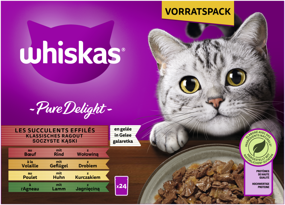 Whiskas PURE DELIGHT Portionsbeutel Multipack Vorteilspack Klassisches Ragout in Gelee 24 x 85g