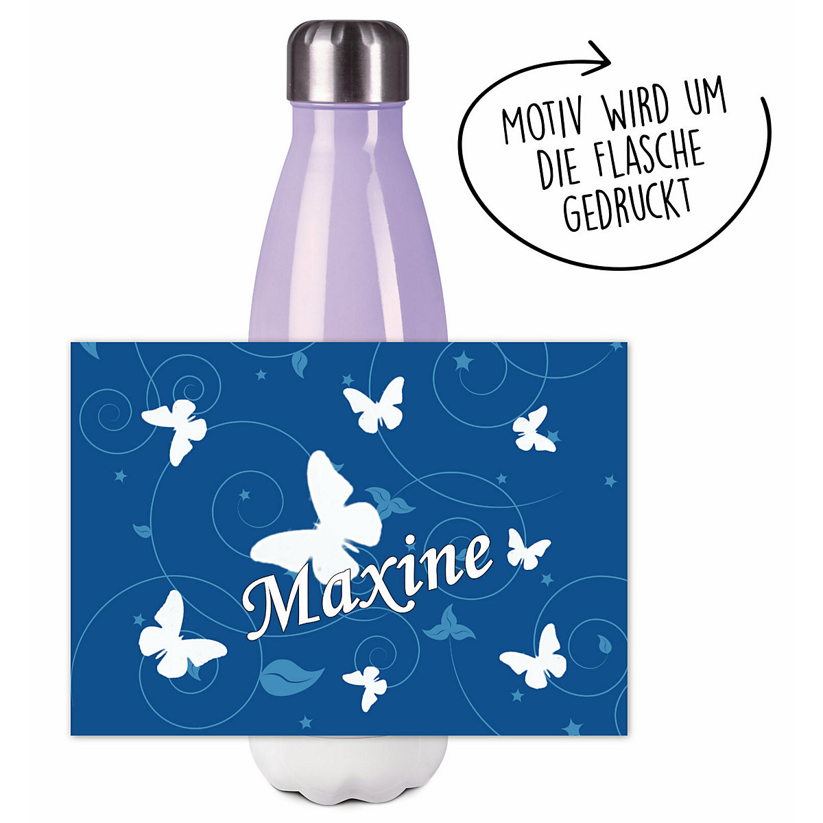 Edelstahl Kinder Thermoflasche / Trinkflasche bunt Schmetterling Ornamente Farbe blau Spülmaschinenfest, Auslaufsicher, Bruchfest, Doppelwandig, Für Heißgetränke geeignet, Mit Deckel, Isoliert