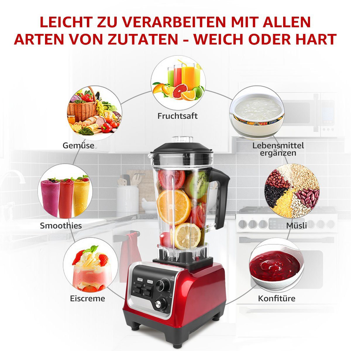 7Magic Standmixer Smoothie Maker Hochleistungsmixer, 32000 U/min, 1600,00 W, Timer, Crush Funktion, Selbstreinigungsfunktion, Puls funktion