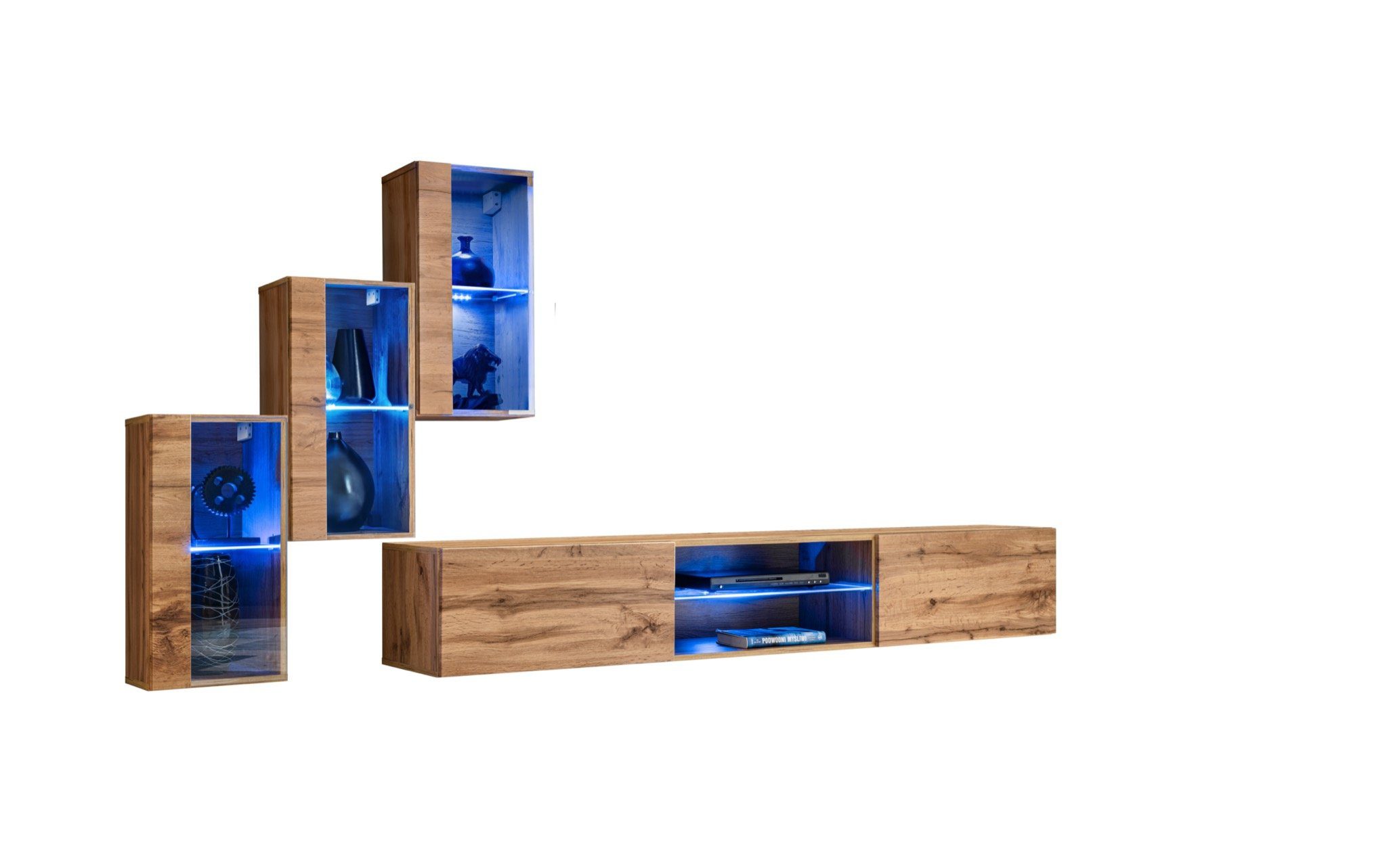 JVmoebel Wohnwand Modern Wohnwand Designer 4tlg TV Ständer 3x Hänge Vitrine Einrichtung, (4-St., TV Ständer + 3x Hänge Vitrine), LED beleuchtet