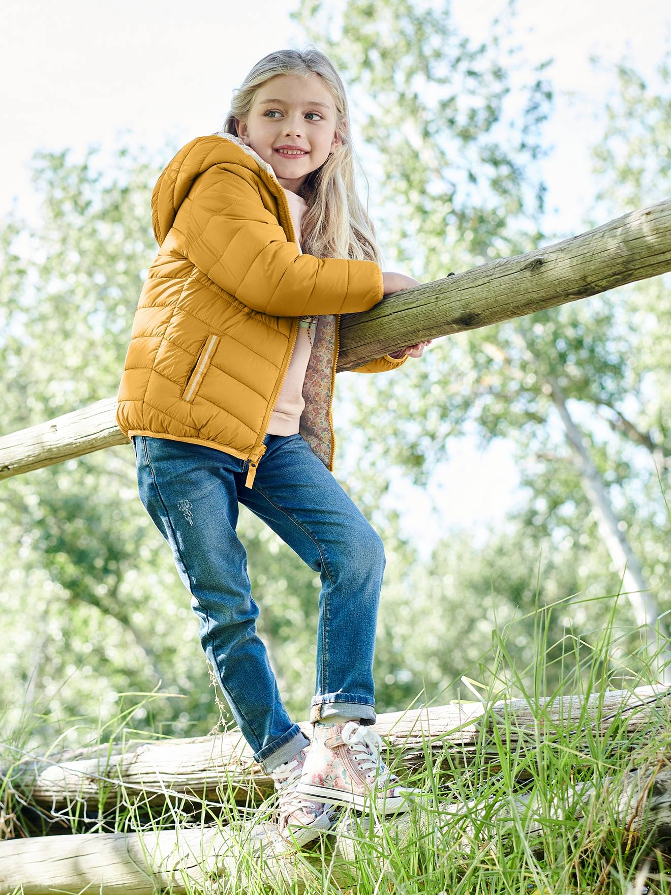 Doudoune à capuche légère réversible fille anthracite imprimé