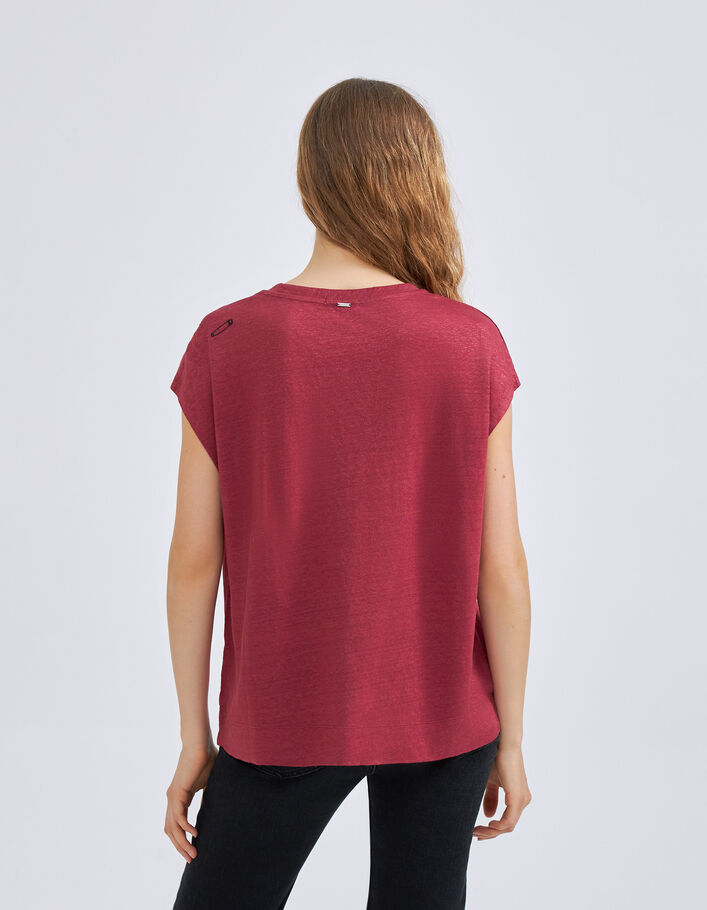 Tee-shirt bordeaux maille de lin irisée brodée Femme
