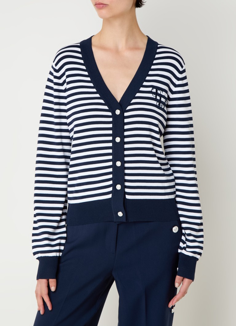 Cardigan Caroline di Fifth House a righe con logo stampato.