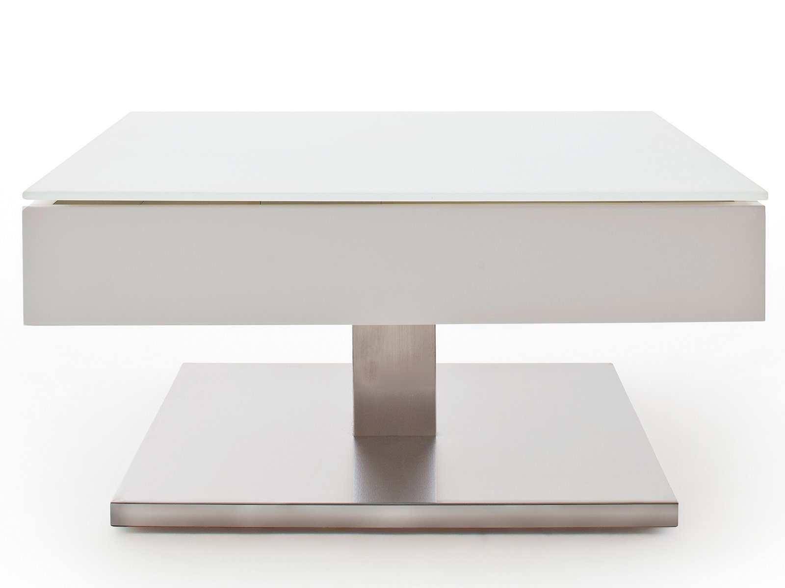 möbelando Couchtisch Marcie, Moderner Couchtisch aus MDF in Weiß matt lackiert, Deckplatte aus Sicherheitsglas, Sockel aus Metall in Edelstahl-Optik gebürstet mit MDF Kern. Breite 75 cm, Höhe 38 cm, Tiefe 75 cm