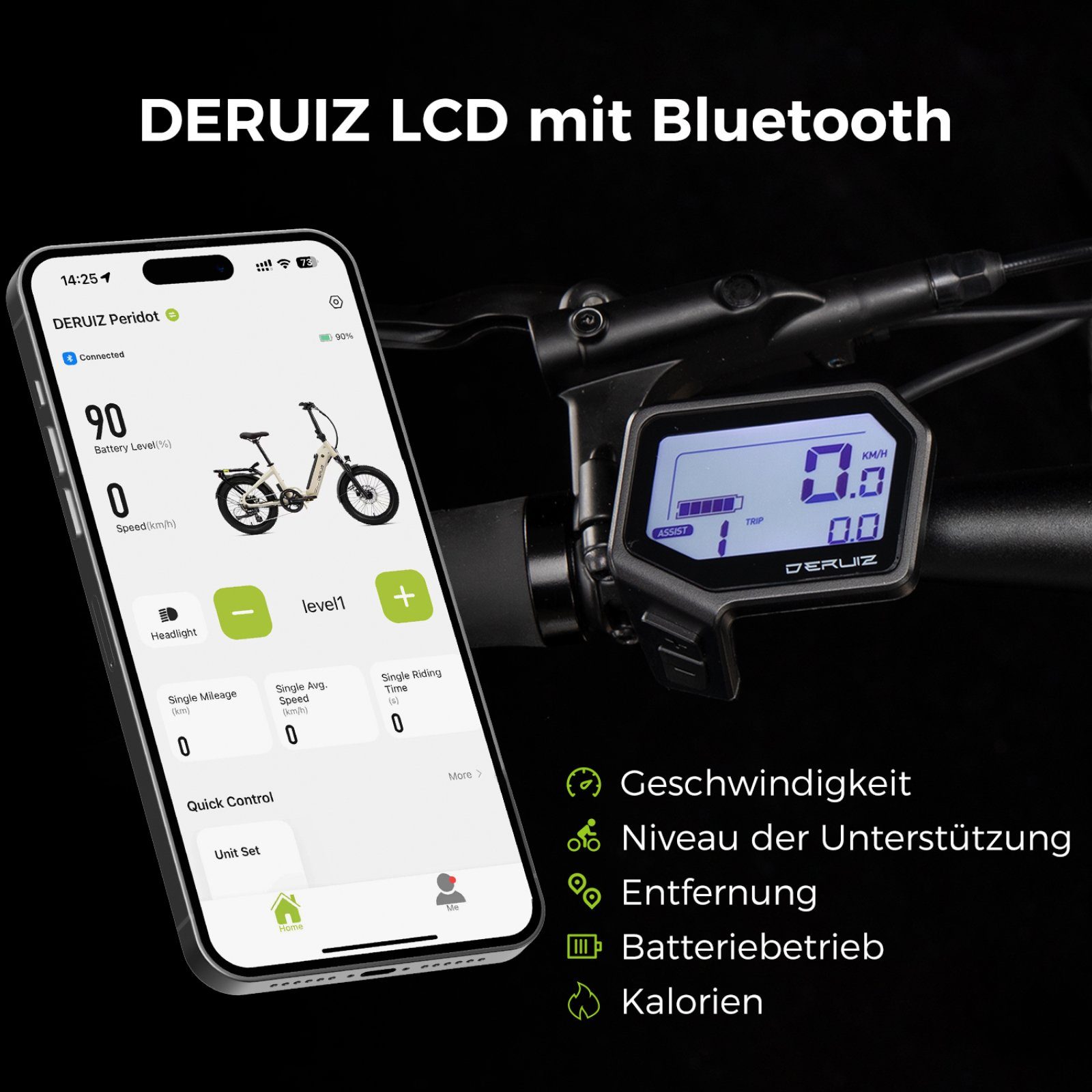 DERUIZ E-Bike Peridot 20 Zoll Eike mit Bluetooth sale für Damen Herren, 8 Gang, SHIMANO SHIMANO ALTUS 11-32T Schaltwerk, Kettenschaltung, 500 Wh Baterrie, (mit Akku-Ladegerät, mit Werkzeug), 48V 10.4Ah Baterrie, 3.0 fette Reifen, klappbar