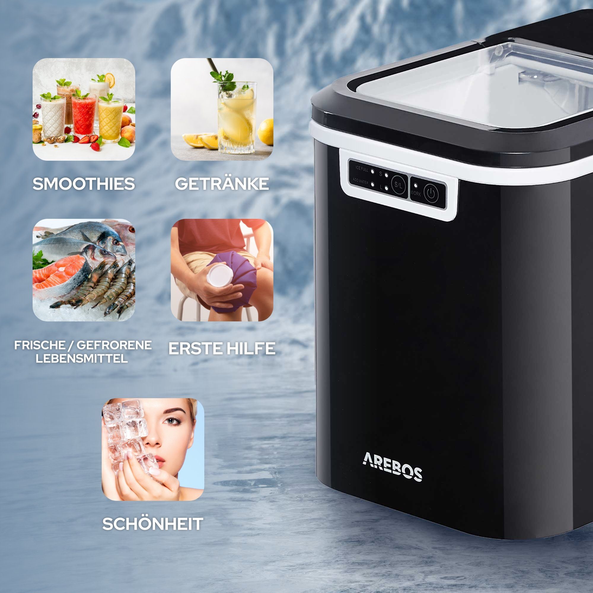 Arebos Eiswürfelmaschine Ice Cube Maker, 12 kg / 24 h, 10-15 Minuten Produktionszeit