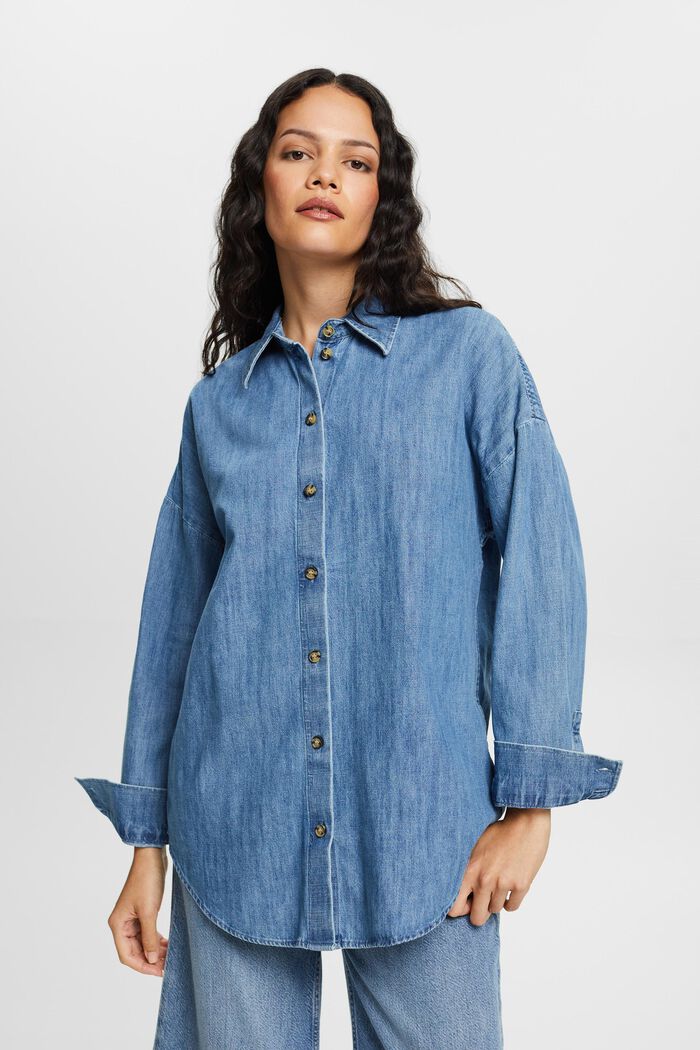 Oversized Jeans-Hemdbluse, 100 % Baumwolle