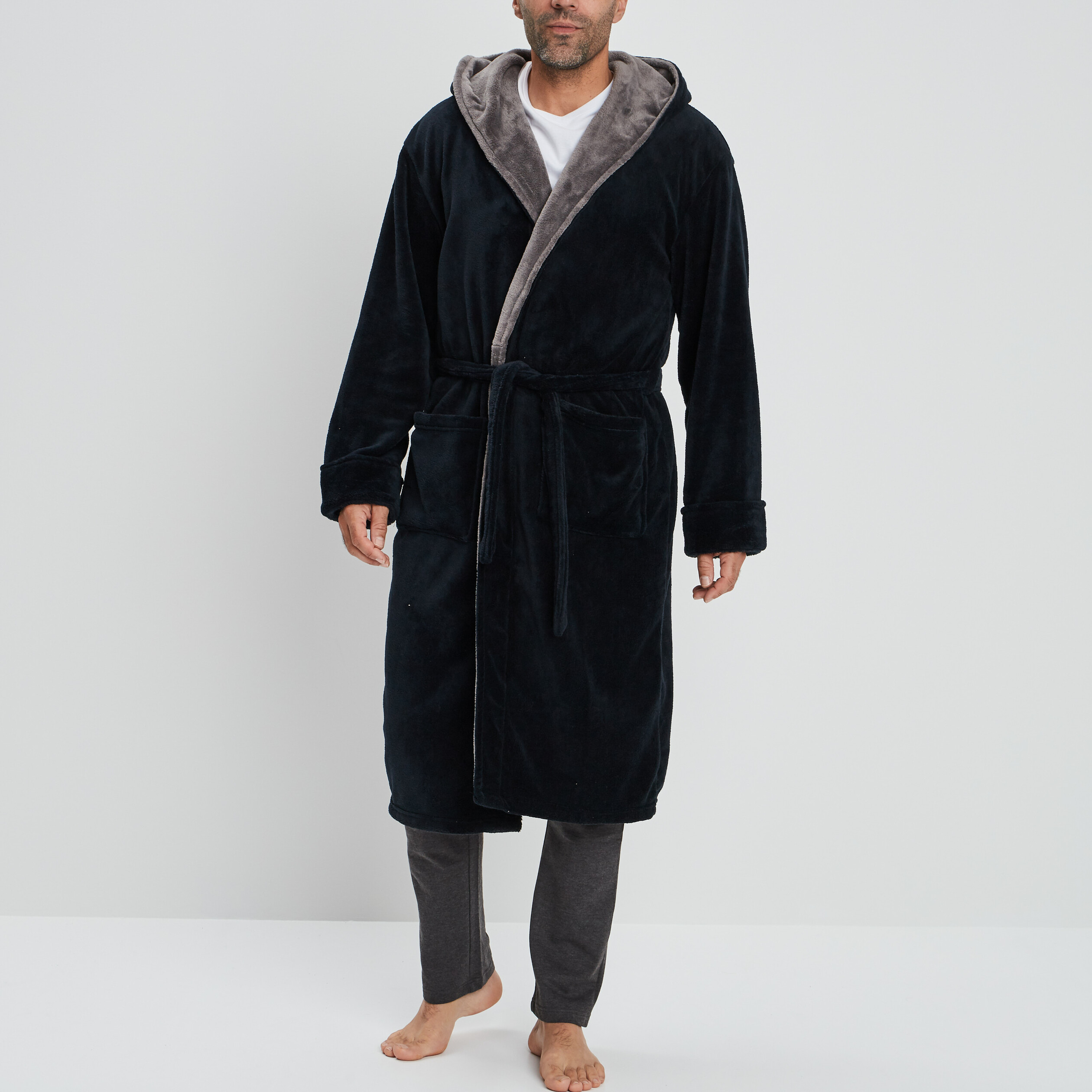Peignoir long col châle noir homme | La Halle