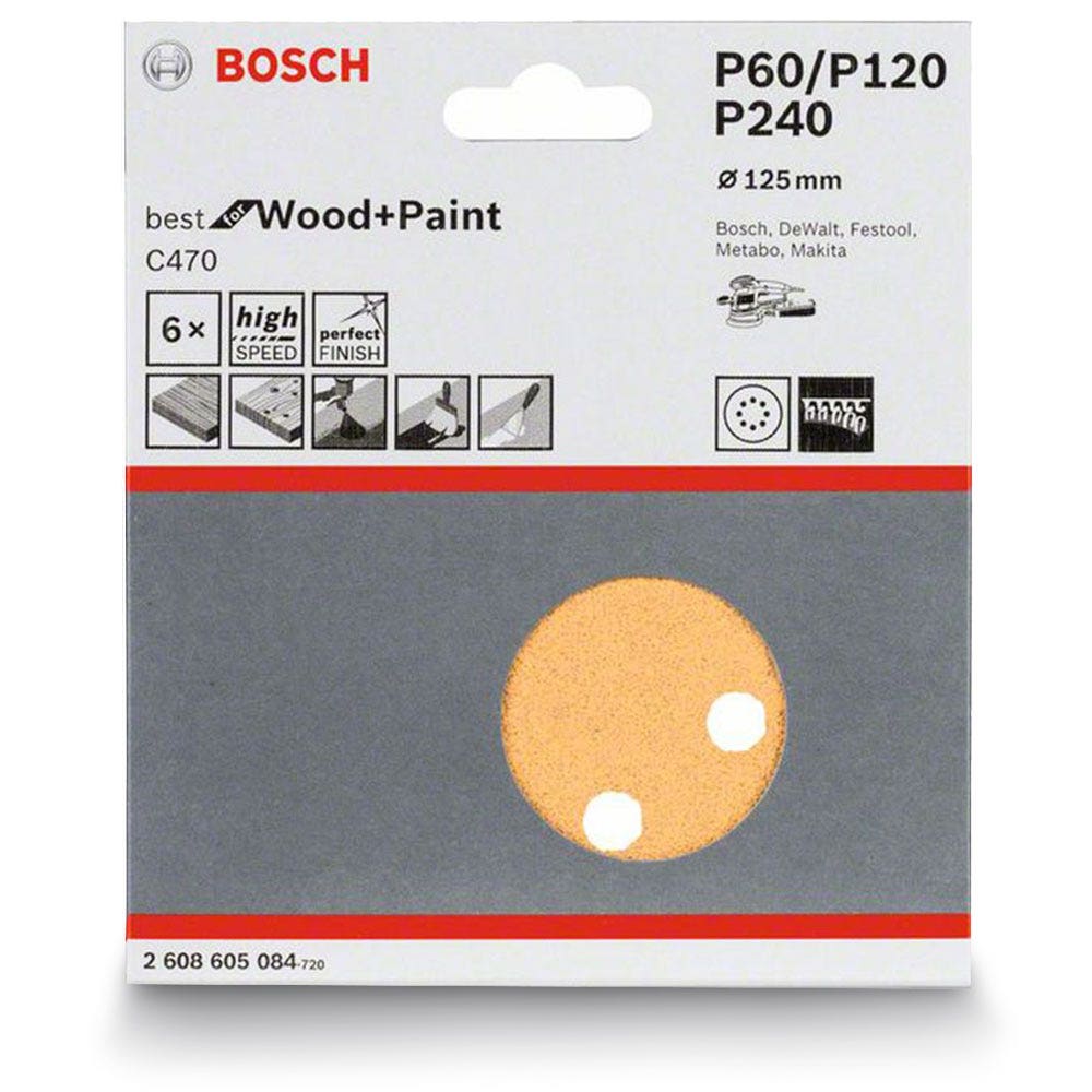 Disco de lixa de grãos mistos BOSCH 125 mm, 8 furos, velcro, para madeira e tinta – C470 – 6 peças